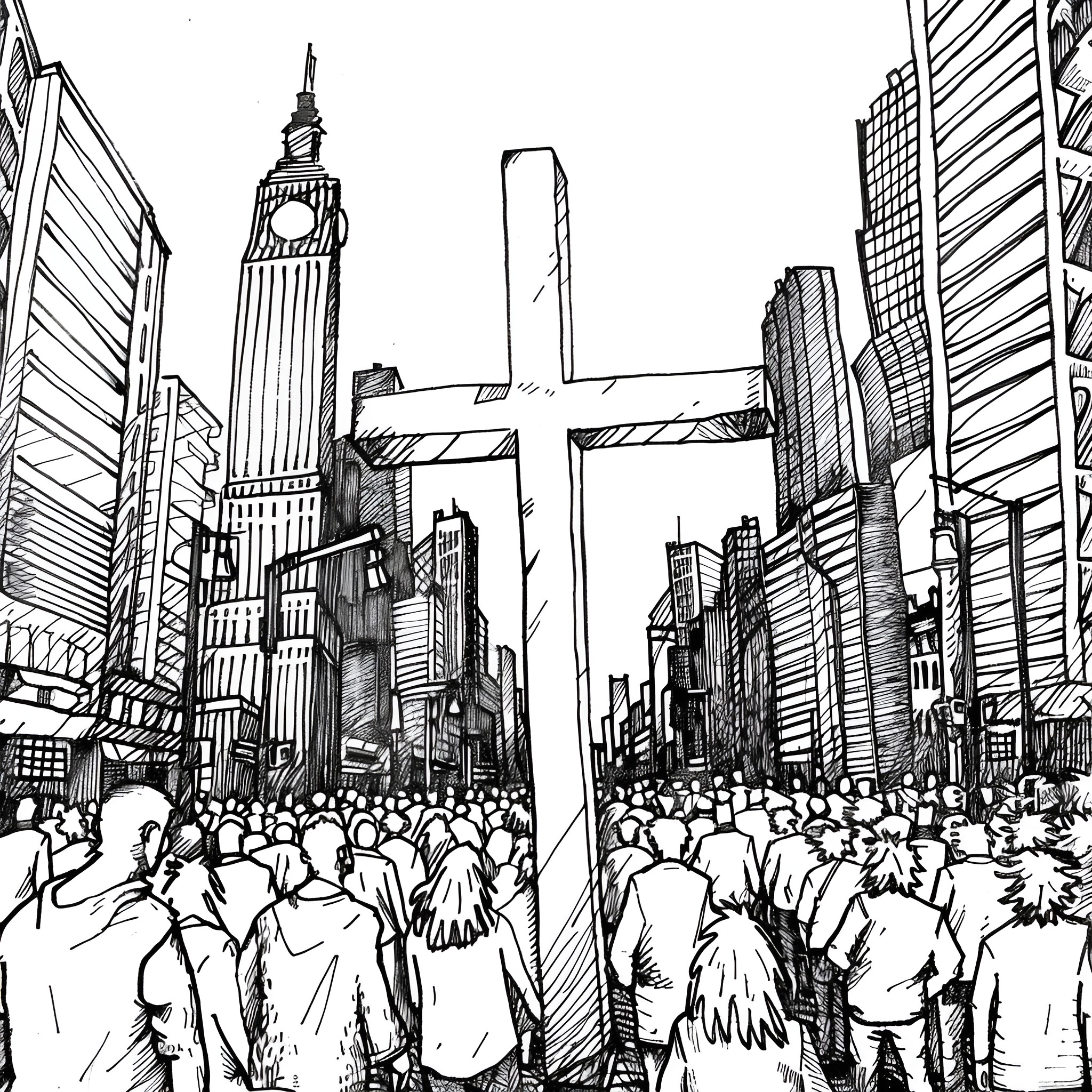 Cross through Crowded City Streets Drawing Idea (free black-and-white line drawing printable PDF for all, from beginners to advanced learners, including children, teens, adults, and seniors)