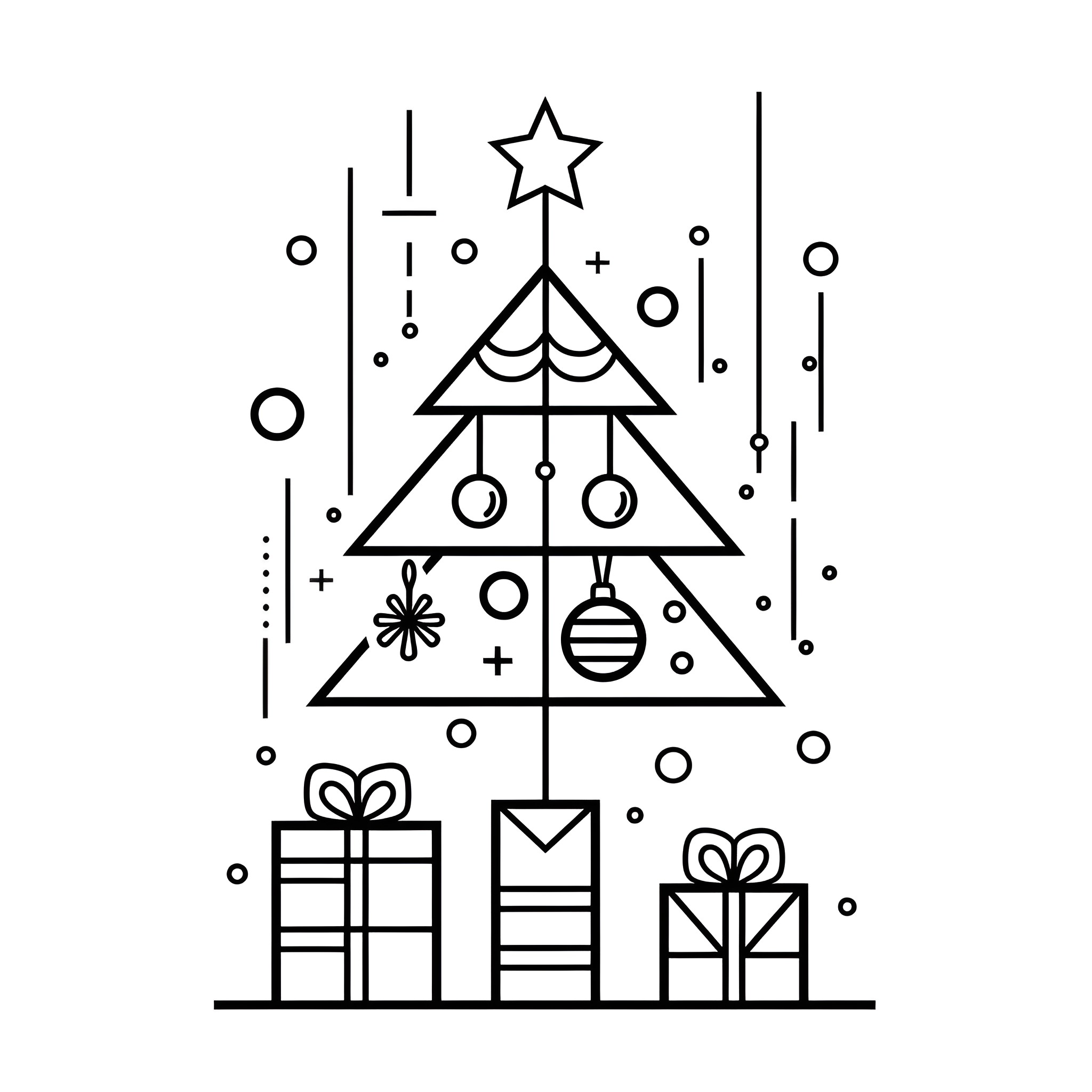 New Year's Eve abstract tree and gifts Drawing Idea (free black-and-white line drawing printable PDF for all, from beginners to advanced learners, including children, teens, adults, and seniors)