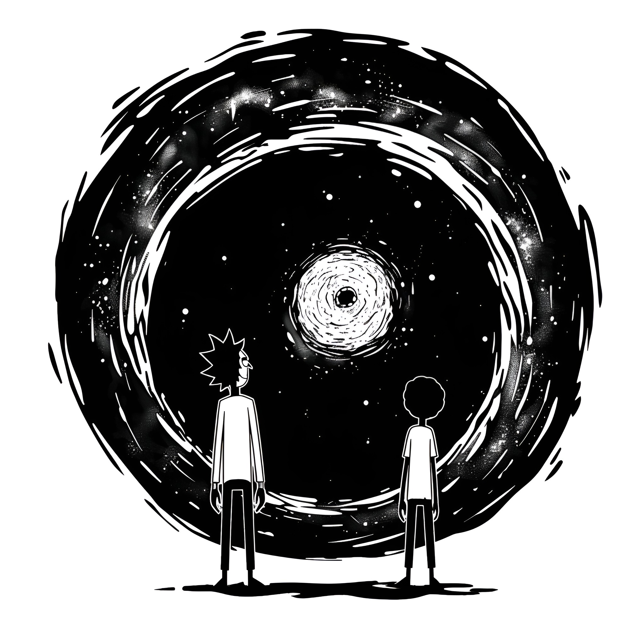 Rick And Morty exploring the cosmos Drawing Idea (free black-and-white line drawing printable PDF for all, from beginners to advanced learners, including children, teens, adults, and seniors)