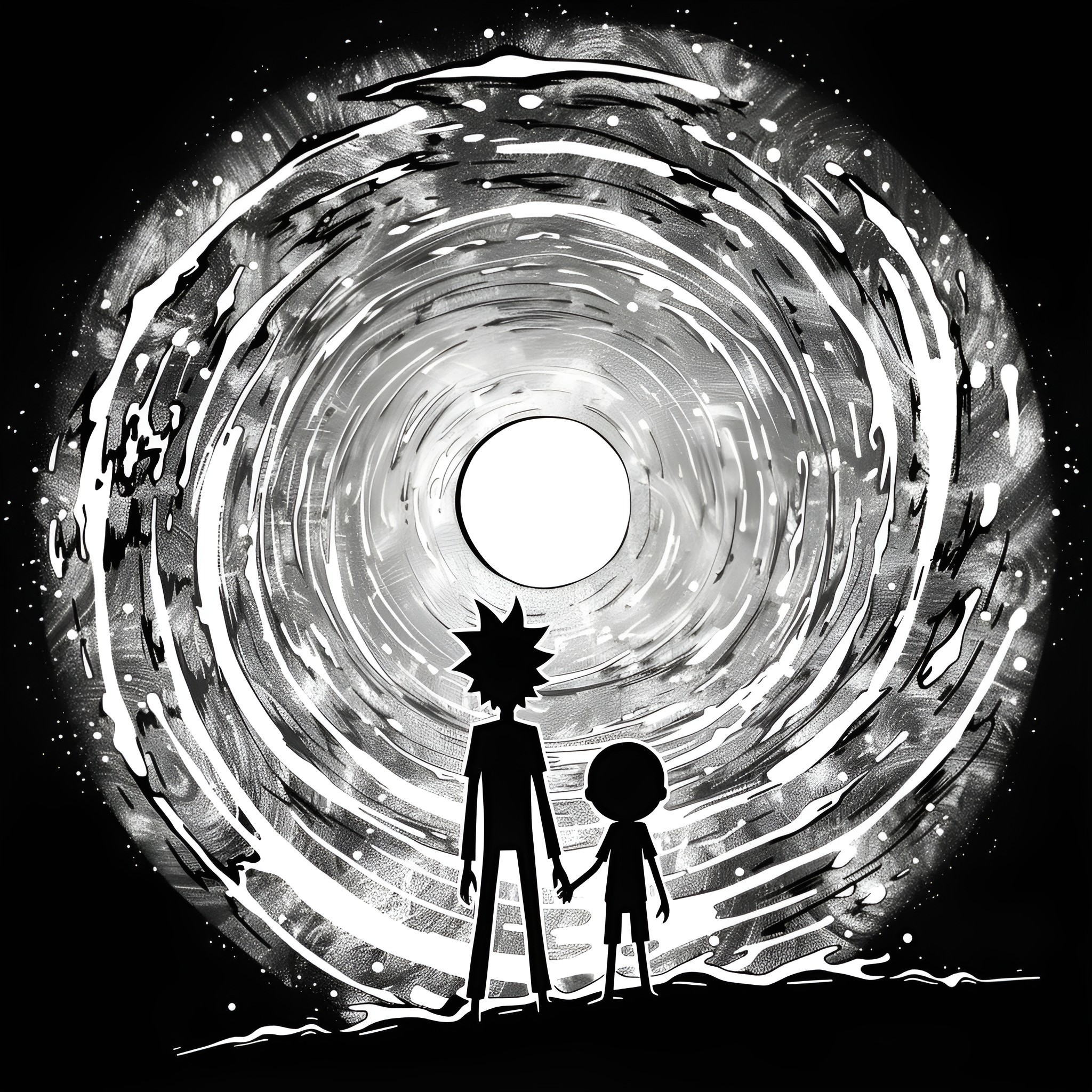 Rick And Morty exploring cosmic wonders Drawing Idea (free black-and-white line drawing printable PDF for all, from beginners to advanced learners, including children, teens, adults, and seniors)