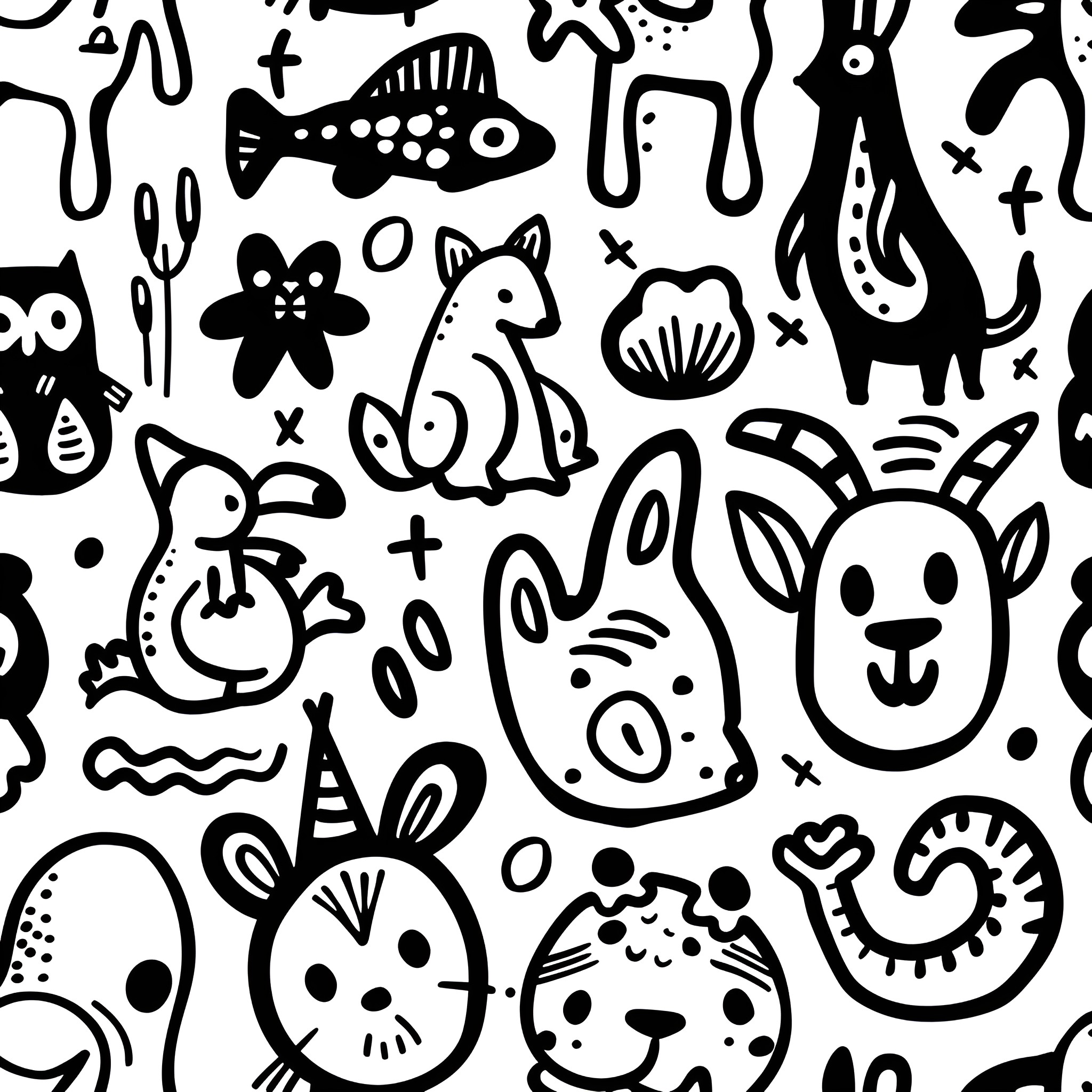 Pattern of Playful Creatures Drawing Idea (free black-and-white line drawing printable PDF for all, from beginners to advanced learners, including children, teens, adults, and seniors)