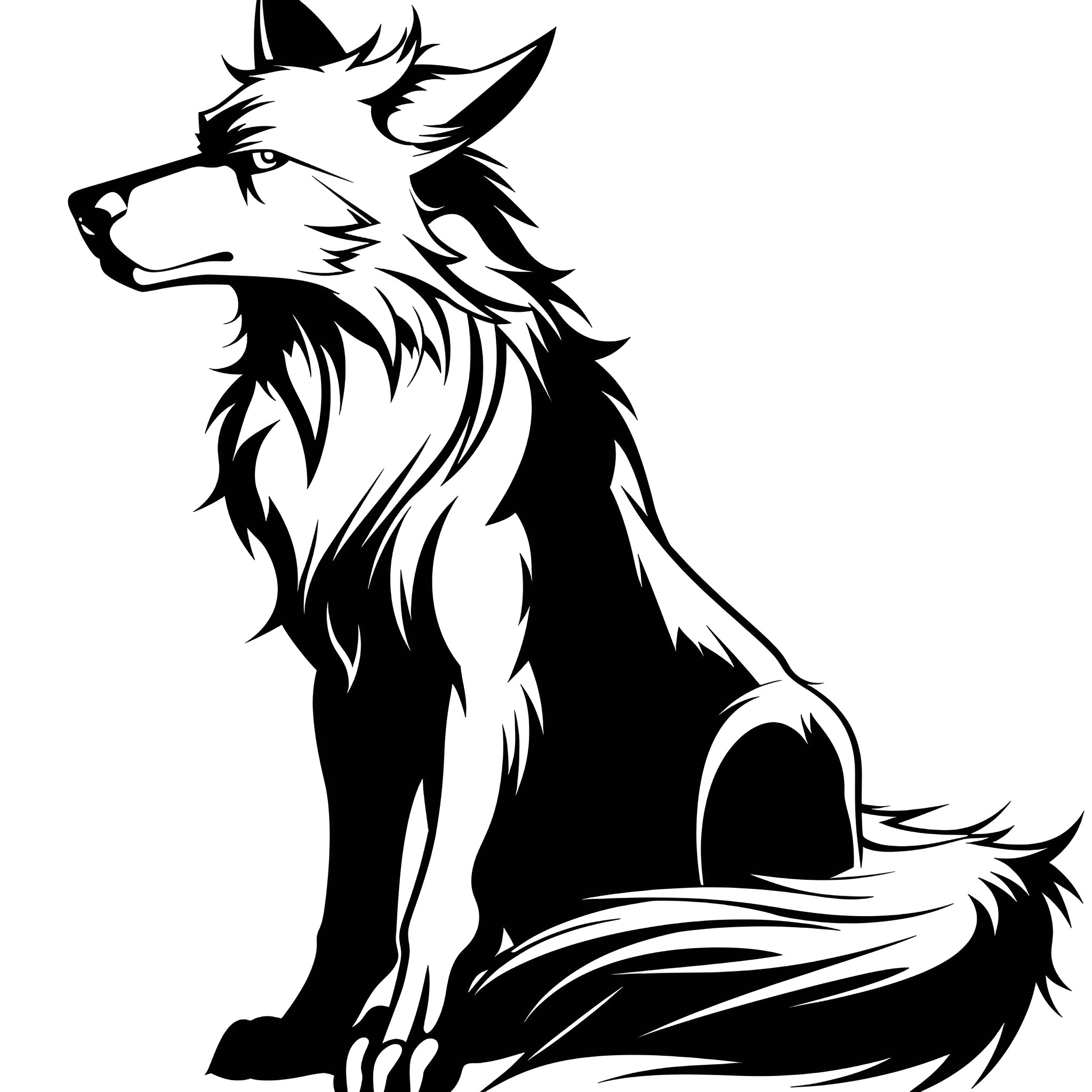 Dark Fierce Howling Wolf Silhouette Drawing Idea (free black-and-white line drawing printable PDF for all, from beginners to advanced learners, including children, teens, adults, and seniors)
