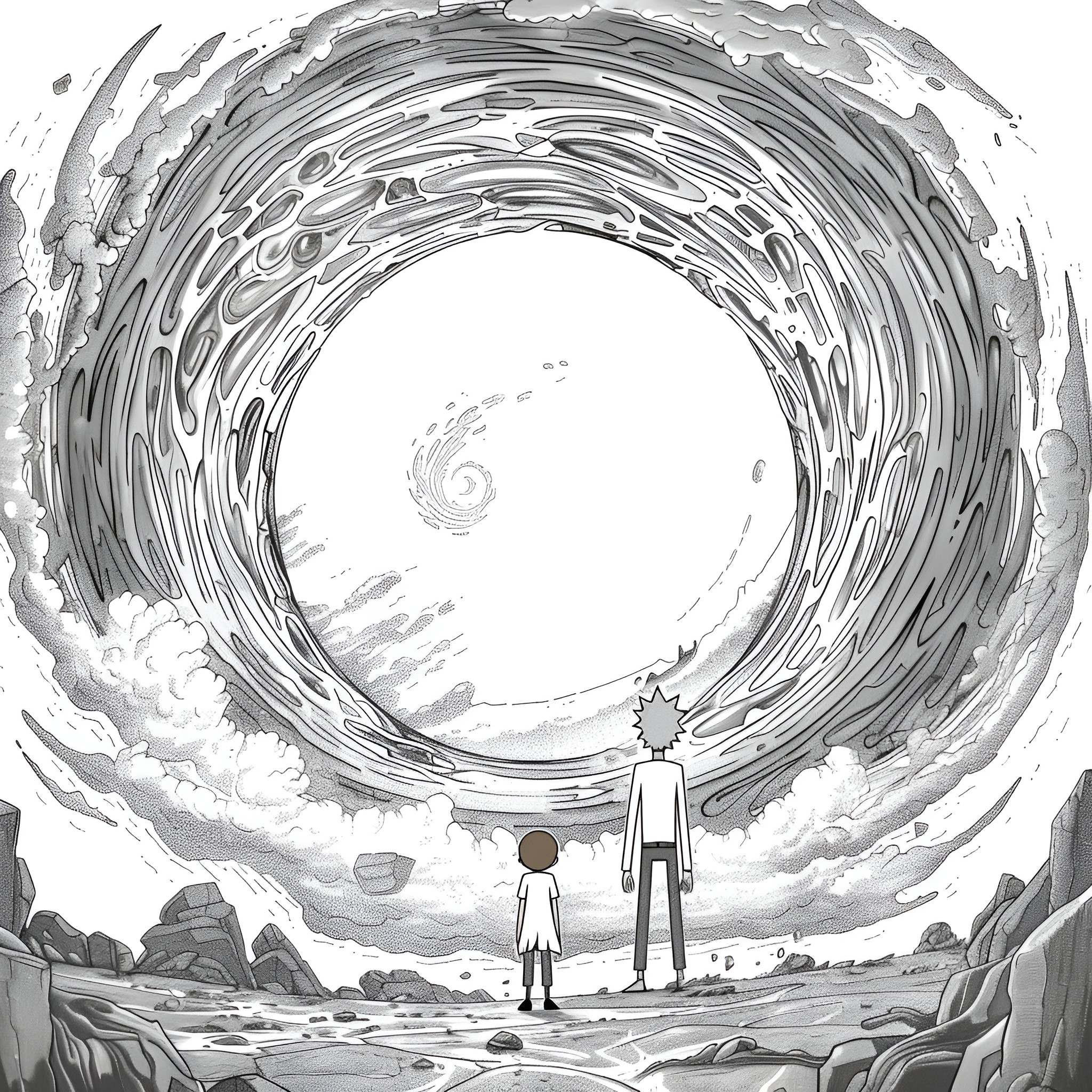 Rick And Morty exploring mysterious portal Drawing Idea (free black-and-white line drawing printable PDF for all, from beginners to advanced learners, including children, teens, adults, and seniors)