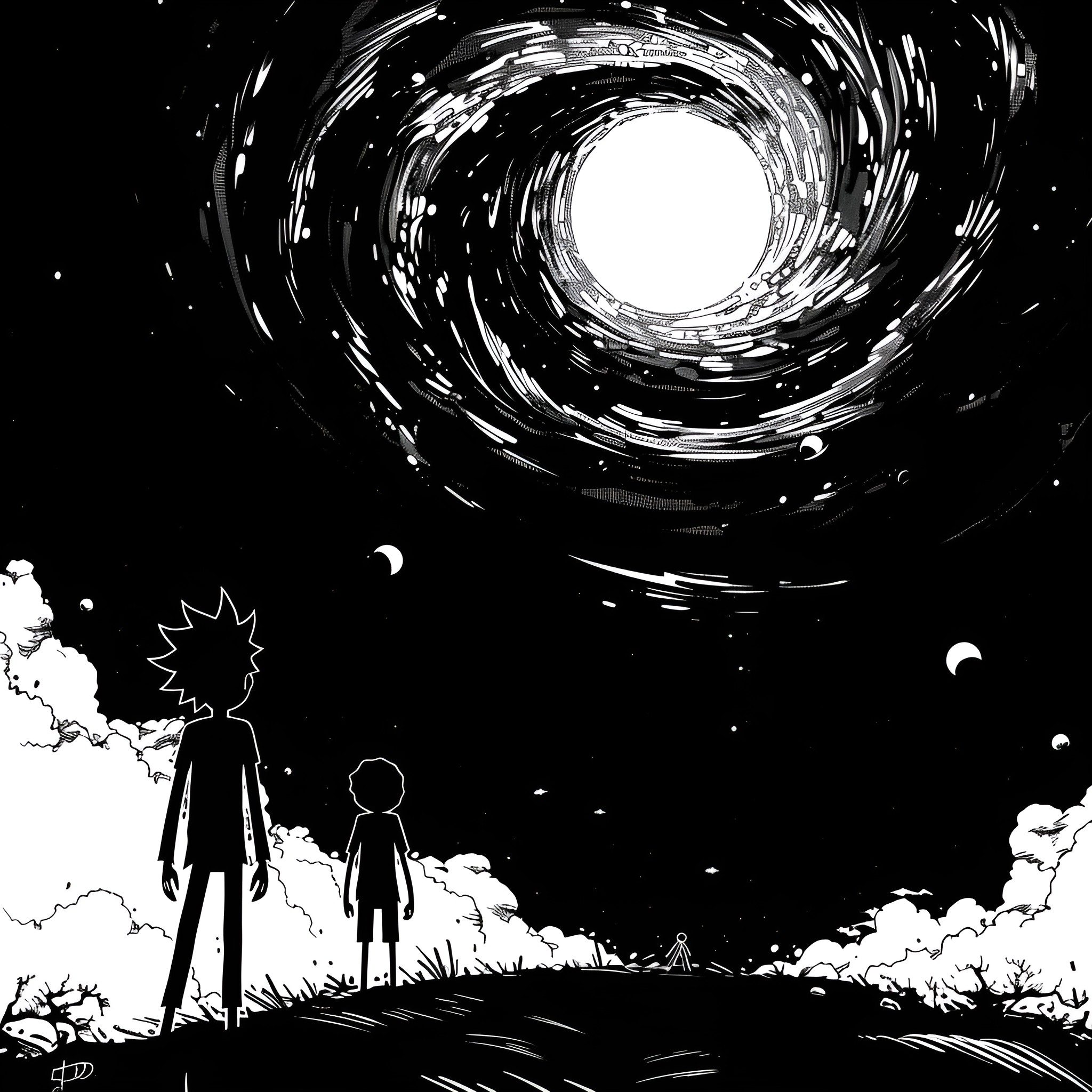 Rick And Morty exploring cosmic wonders Drawing Idea (free black-and-white line drawing printable PDF for all, from beginners to advanced learners, including children, teens, adults, and seniors)