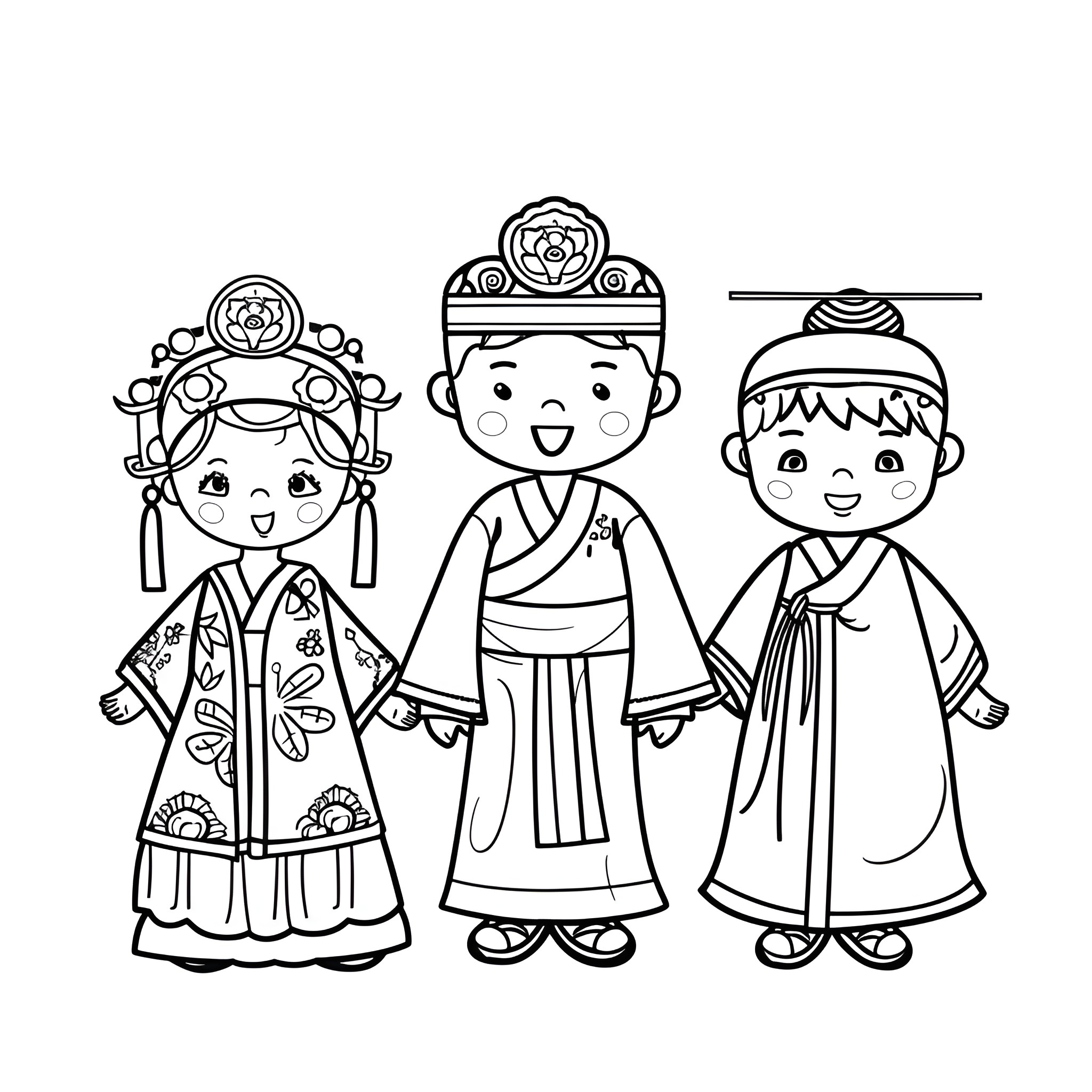 New Year Celebration with Traditional Costumes Drawing Idea (free black-and-white line drawing printable PDF for all, from beginners to advanced learners, including children, teens, adults, and seniors)