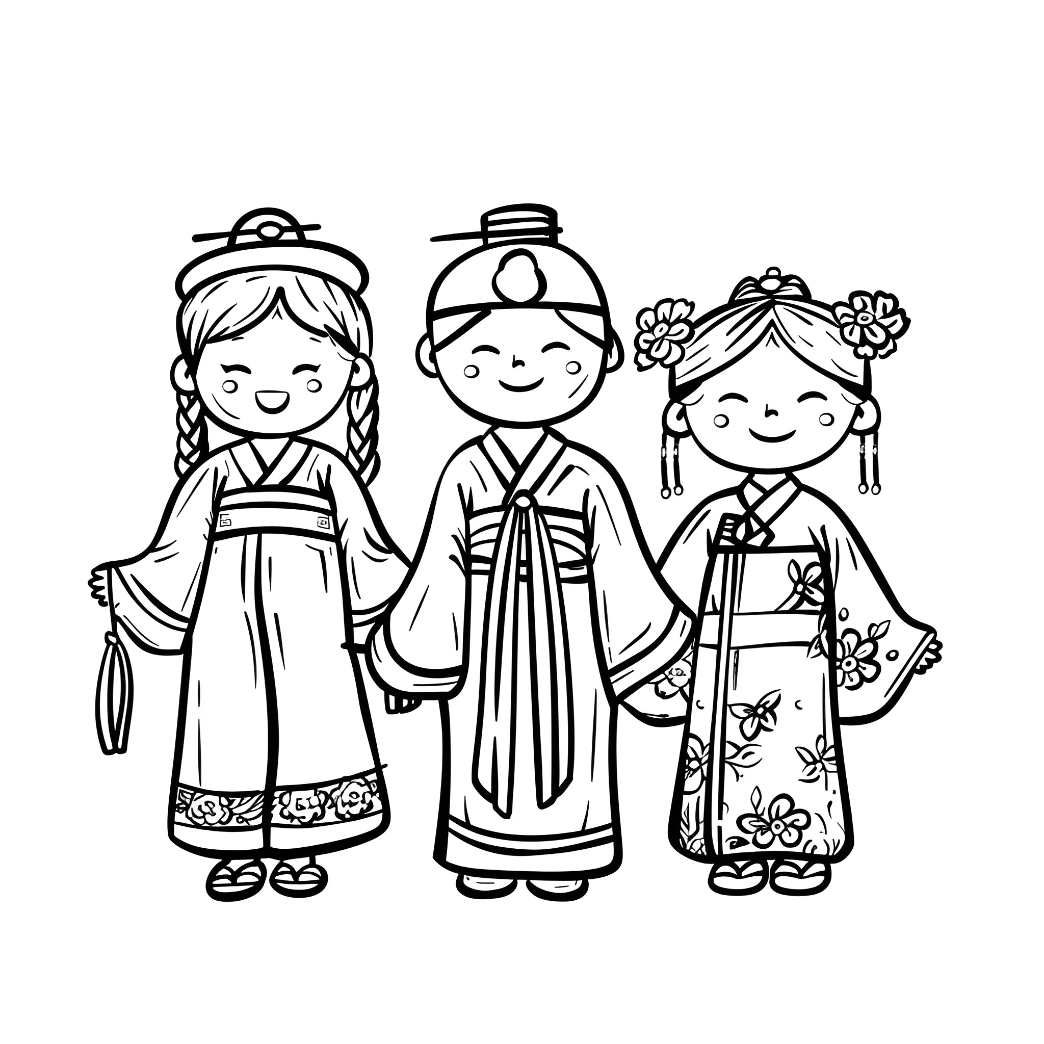 New Year Celebration with Traditional Outfits Drawing Idea (free black-and-white line drawing printable PDF for all, from beginners to advanced learners, including children, teens, adults, and seniors)