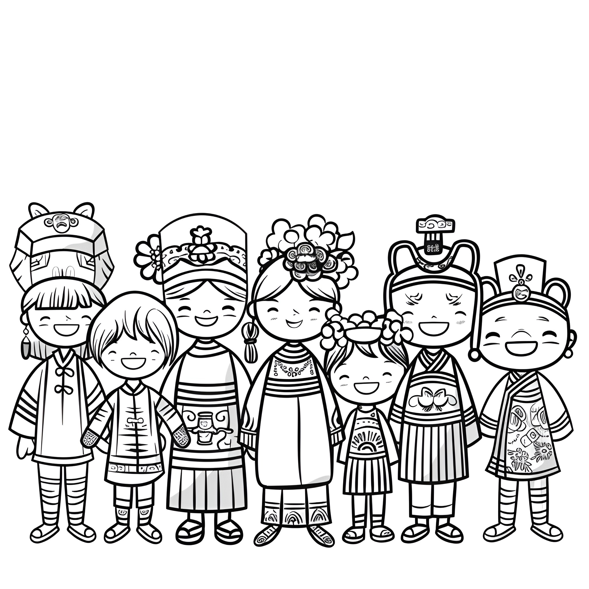 New Year Diverse Cultures Celebration Drawing Idea (free black-and-white line drawing printable PDF for all, from beginners to advanced learners, including children, teens, adults, and seniors)