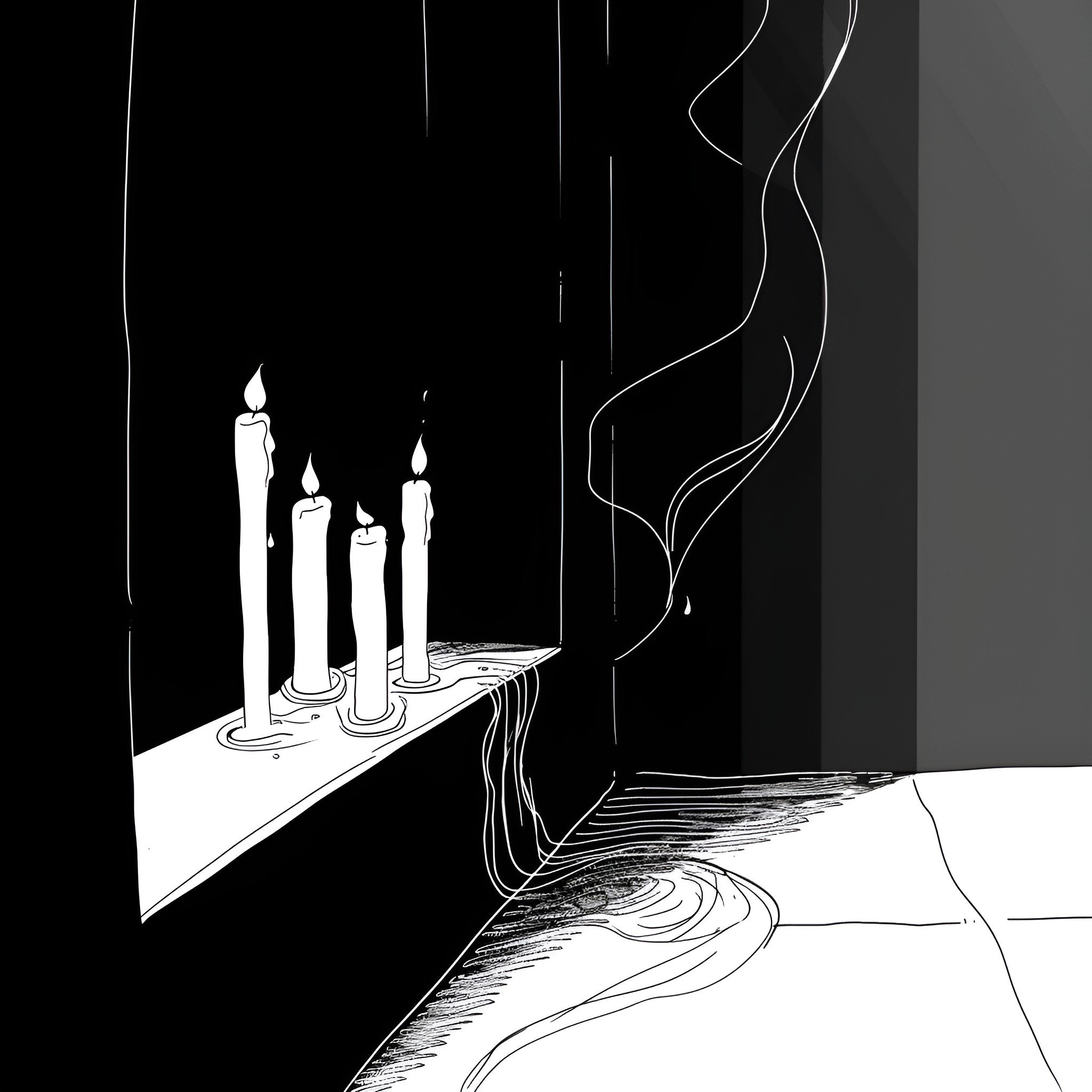 Dark Candles and Shadows Drawing Idea (free black-and-white line drawing printable PDF for all, from beginners to advanced learners, including children, teens, adults, and seniors)