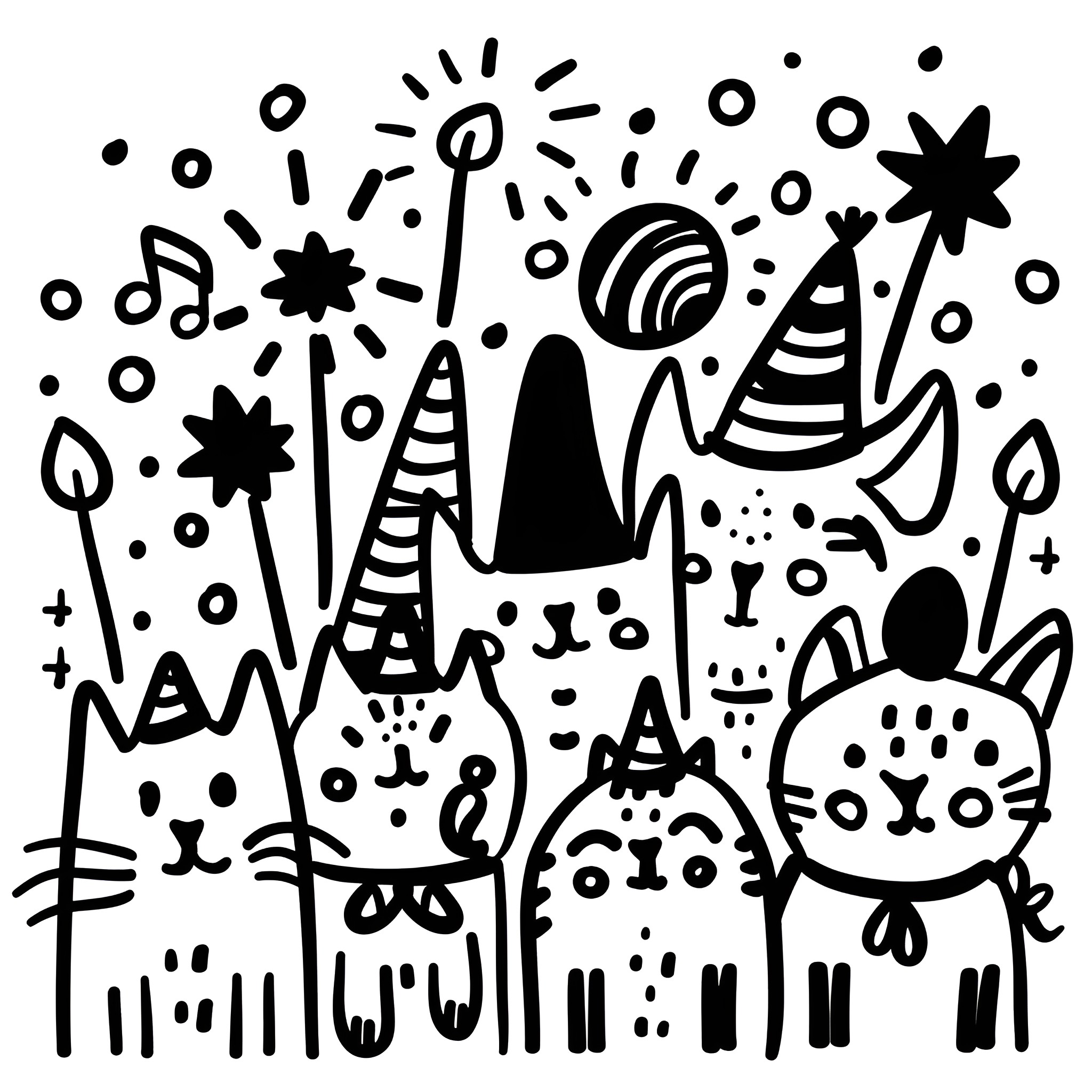 New Year celebration with whimsical creatures Drawing Idea (free black-and-white line drawing printable PDF for all, from beginners to advanced learners, including children, teens, adults, and seniors)
