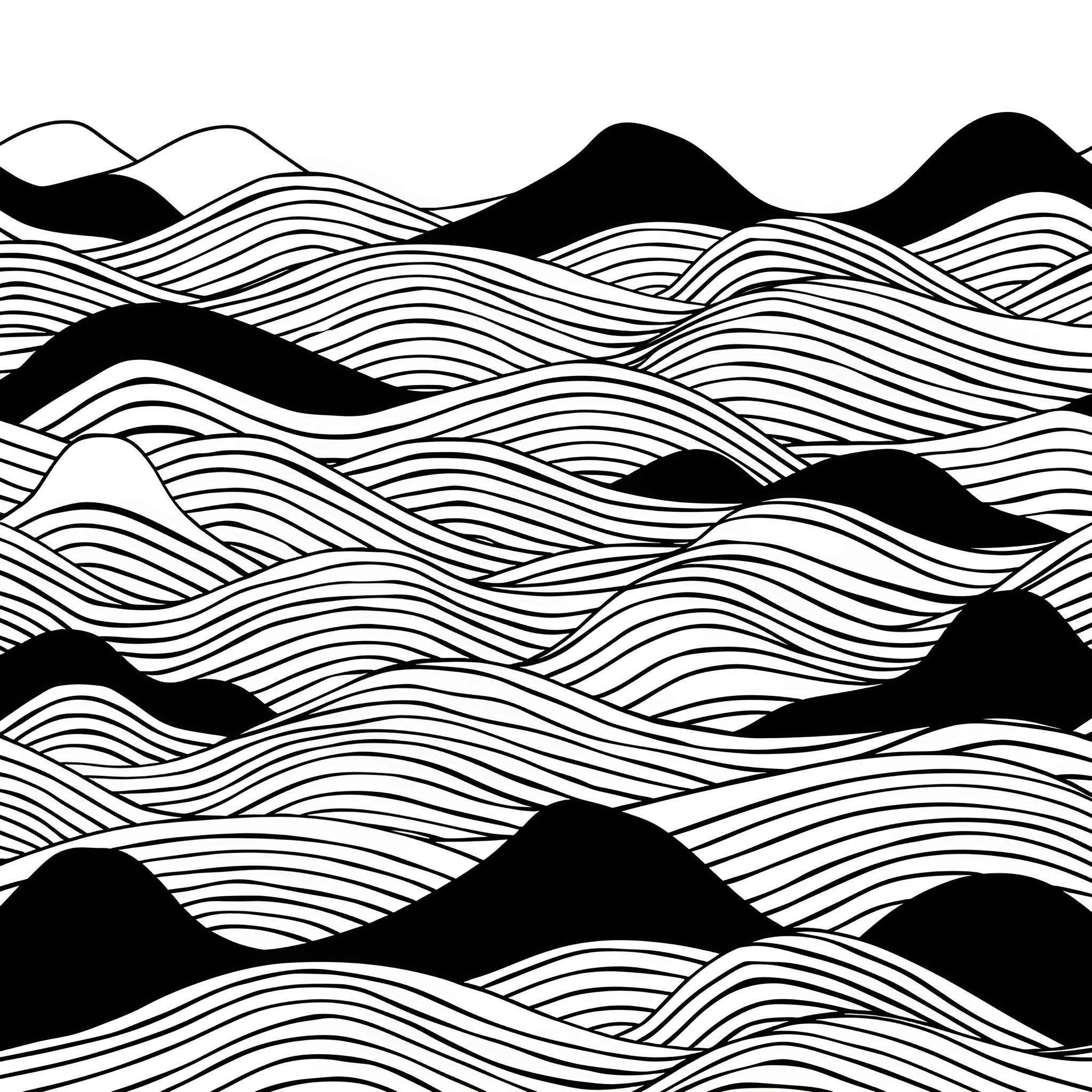 Pattern of undulating waves and mountains Drawing Idea (free black-and-white line drawing printable PDF for all, from beginners to advanced learners, including children, teens, adults, and seniors)