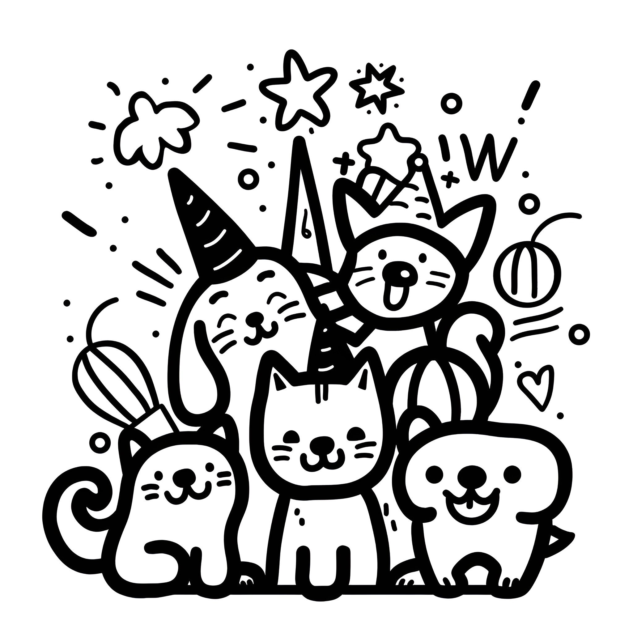 New Year Celebration with Cute Characters Drawing Idea (free black-and-white line drawing printable PDF for all, from beginners to advanced learners, including children, teens, adults, and seniors)