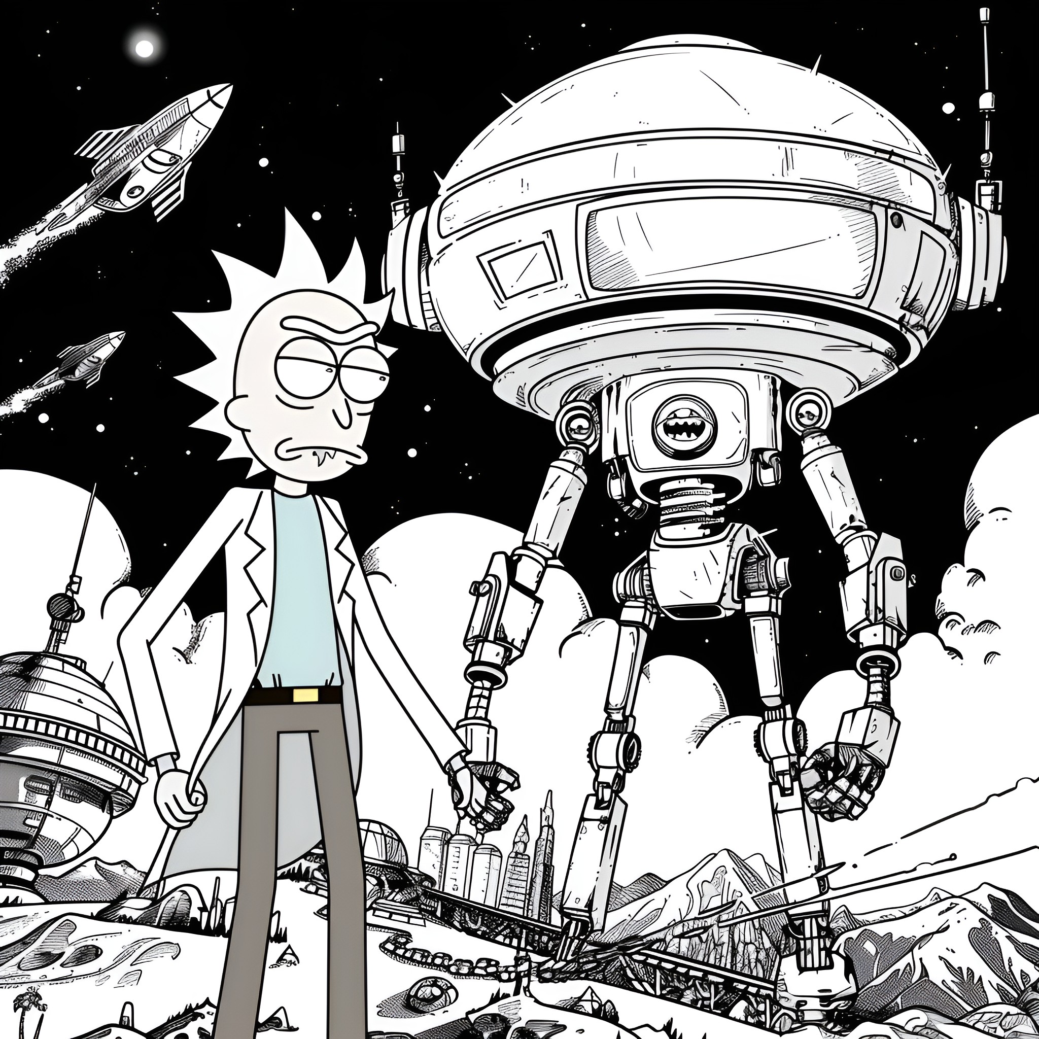 Rick And Morty exploring futuristic alien space adventure Drawing Idea (free black-and-white line drawing printable PDF for all, from beginners to advanced learners, including children, teens, adults, and seniors)