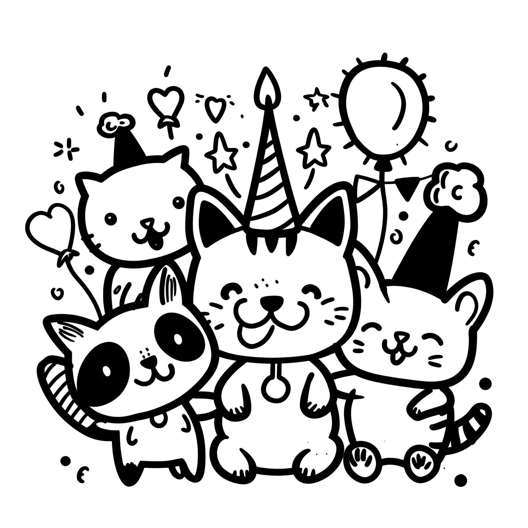 New Year's Playful Critters Celebration Drawing Idea (free black-and-white line drawing printable PDF for all, from beginners to advanced learners, including children, teens, adults, and seniors)