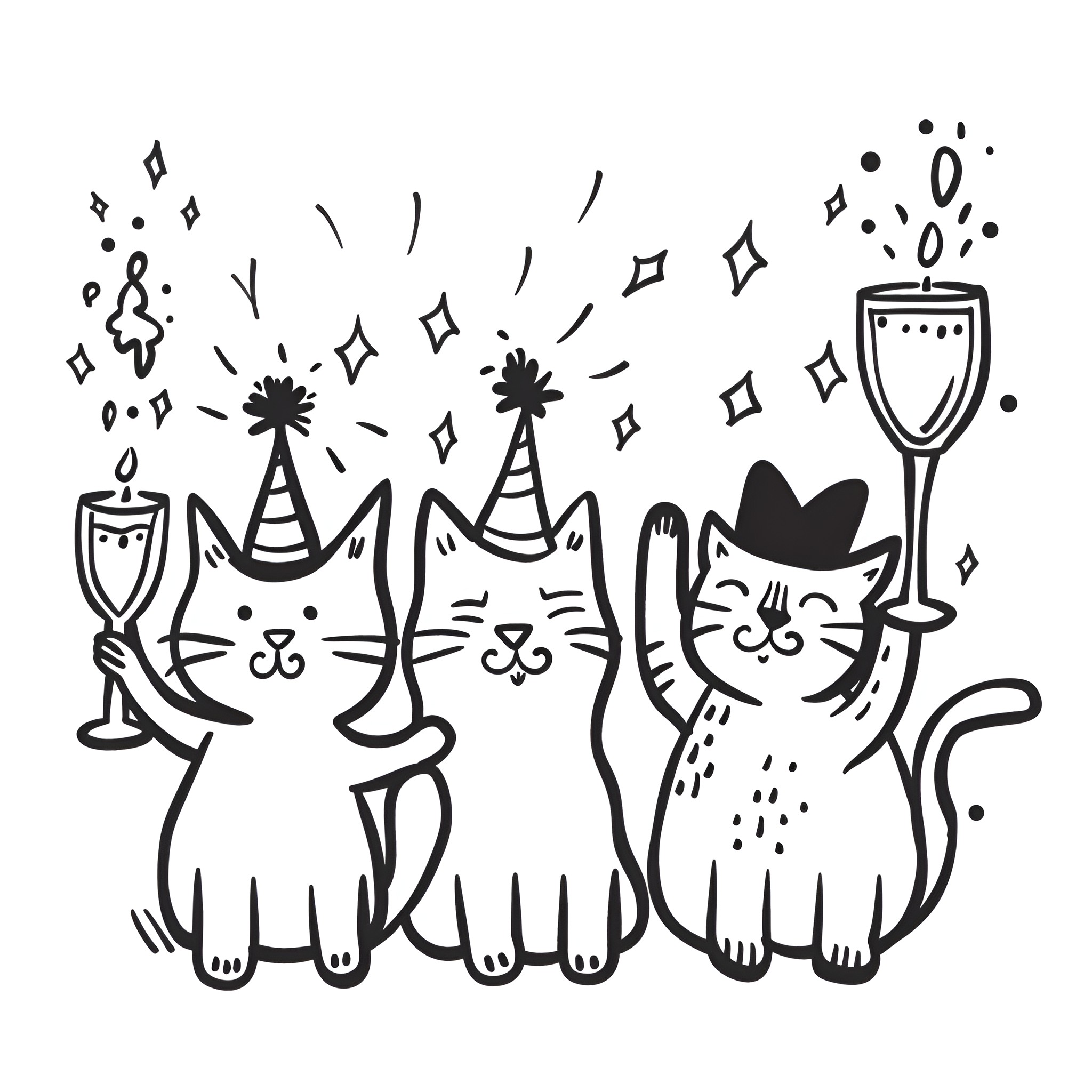 New Year party cats celebrating Drawing Idea (free black-and-white line drawing printable PDF for all, from beginners to advanced learners, including children, teens, adults, and seniors)