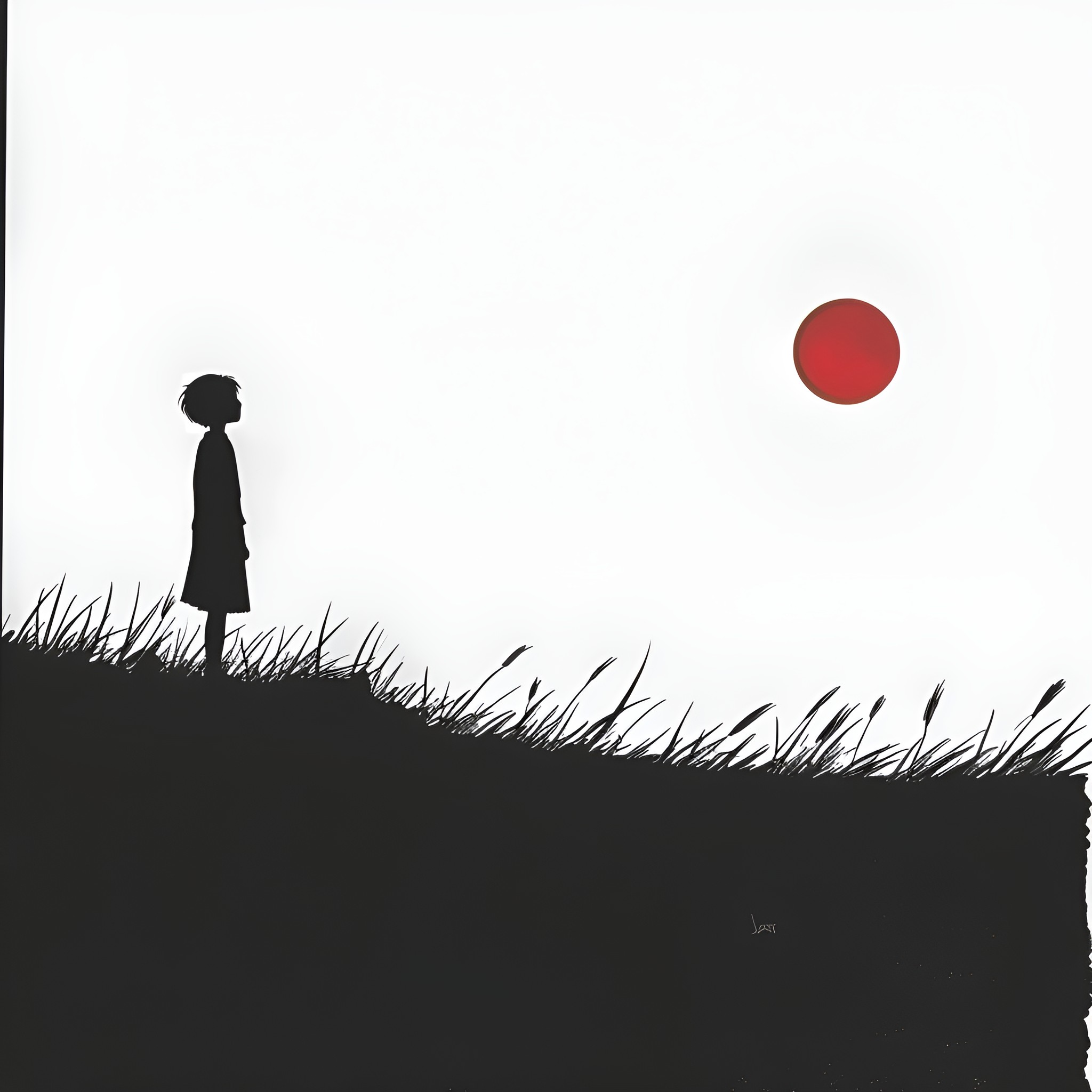 Depression - Lonely Silhouette Gazing at Crimson Sun Drawing Idea (free black-and-white line drawing printable PDF for all, from beginners to advanced learners, including children, teens, adults, and seniors)