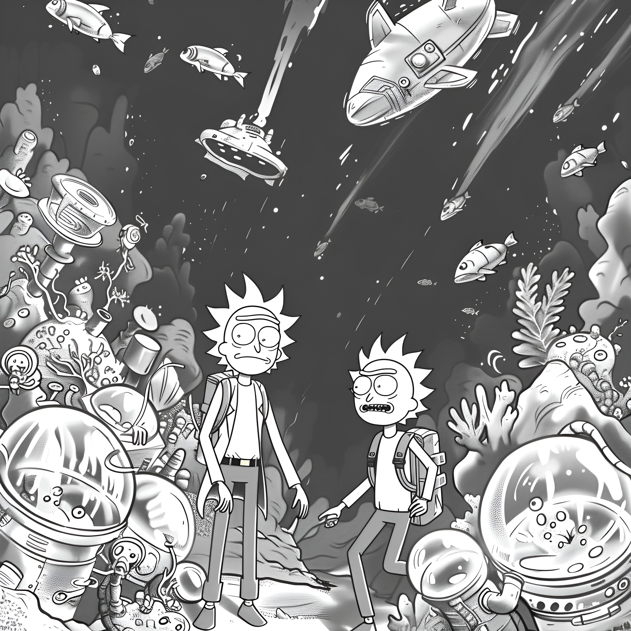 Rick And Morty exploring cosmic adventures Drawing Idea (free black-and-white line drawing printable PDF for all, from beginners to advanced learners, including children, teens, adults, and seniors)