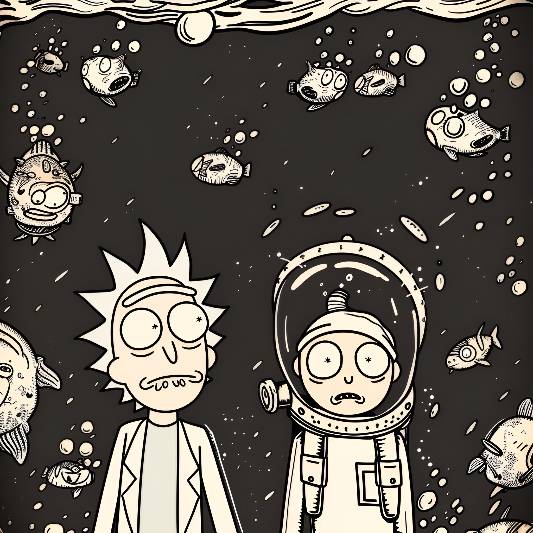 Rick And Morty adventuring in outer space Drawing Idea (free black-and-white line drawing printable PDF for all, from beginners to advanced learners, including children, teens, adults, and seniors)