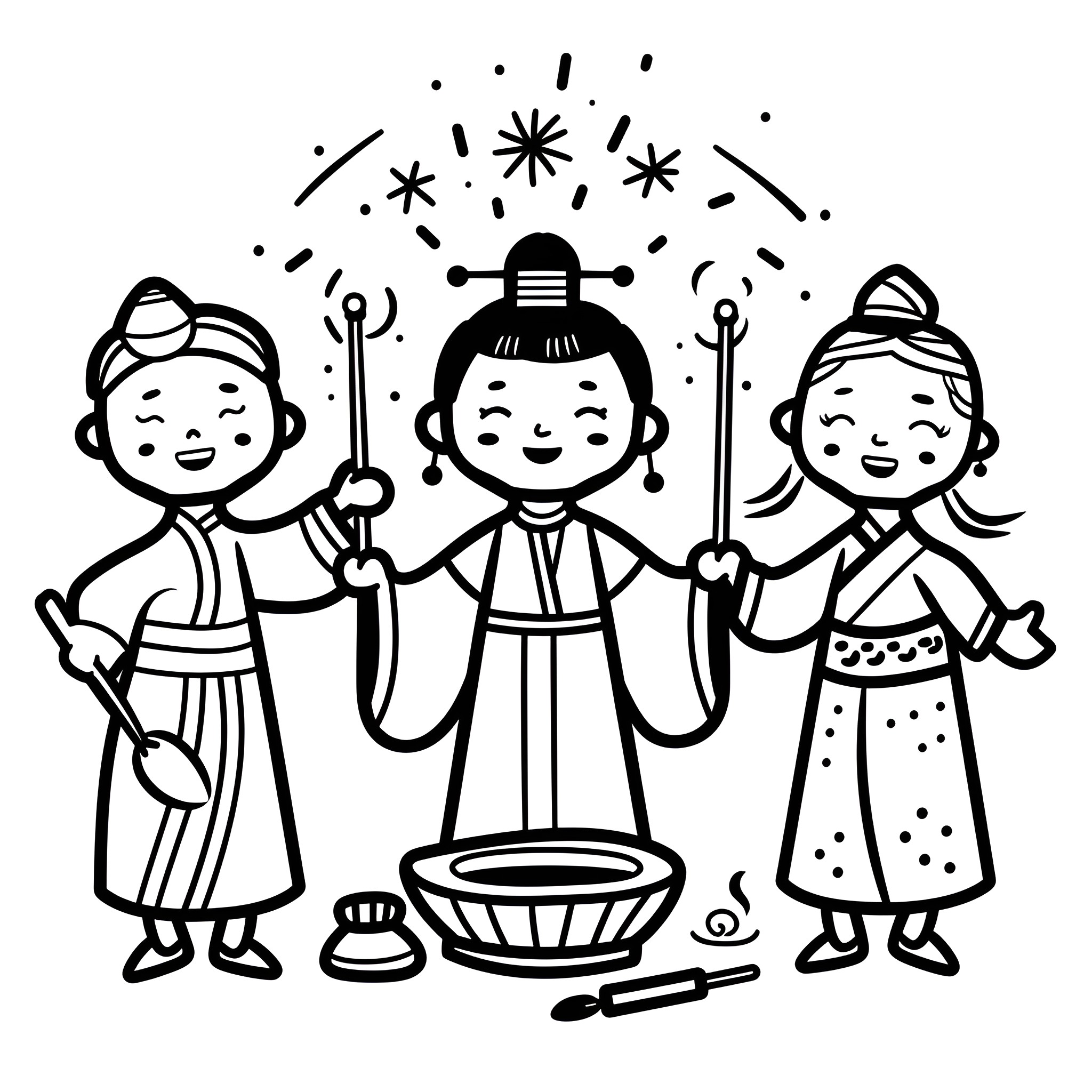 New Year Celebration with Cheerful Characters Drawing Idea (free black-and-white line drawing printable PDF for all, from beginners to advanced learners, including children, teens, adults, and seniors)