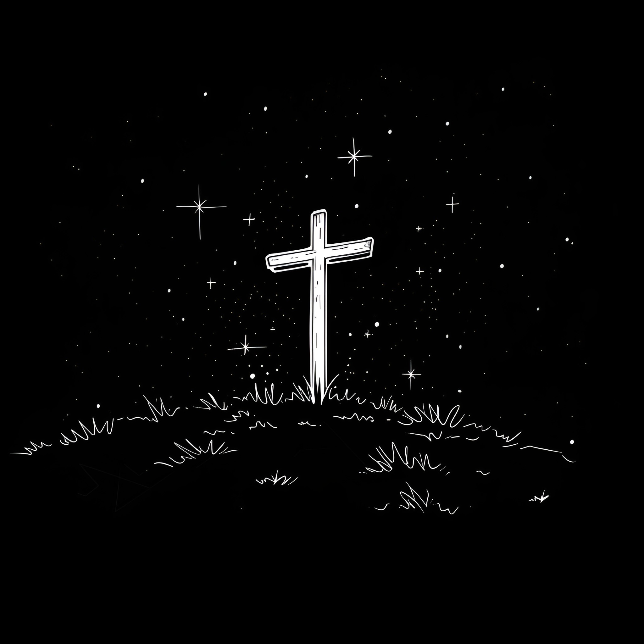 Cross rising in starry night Drawing Idea (free black-and-white line drawing printable PDF for all, from beginners to advanced learners, including children, teens, adults, and seniors)