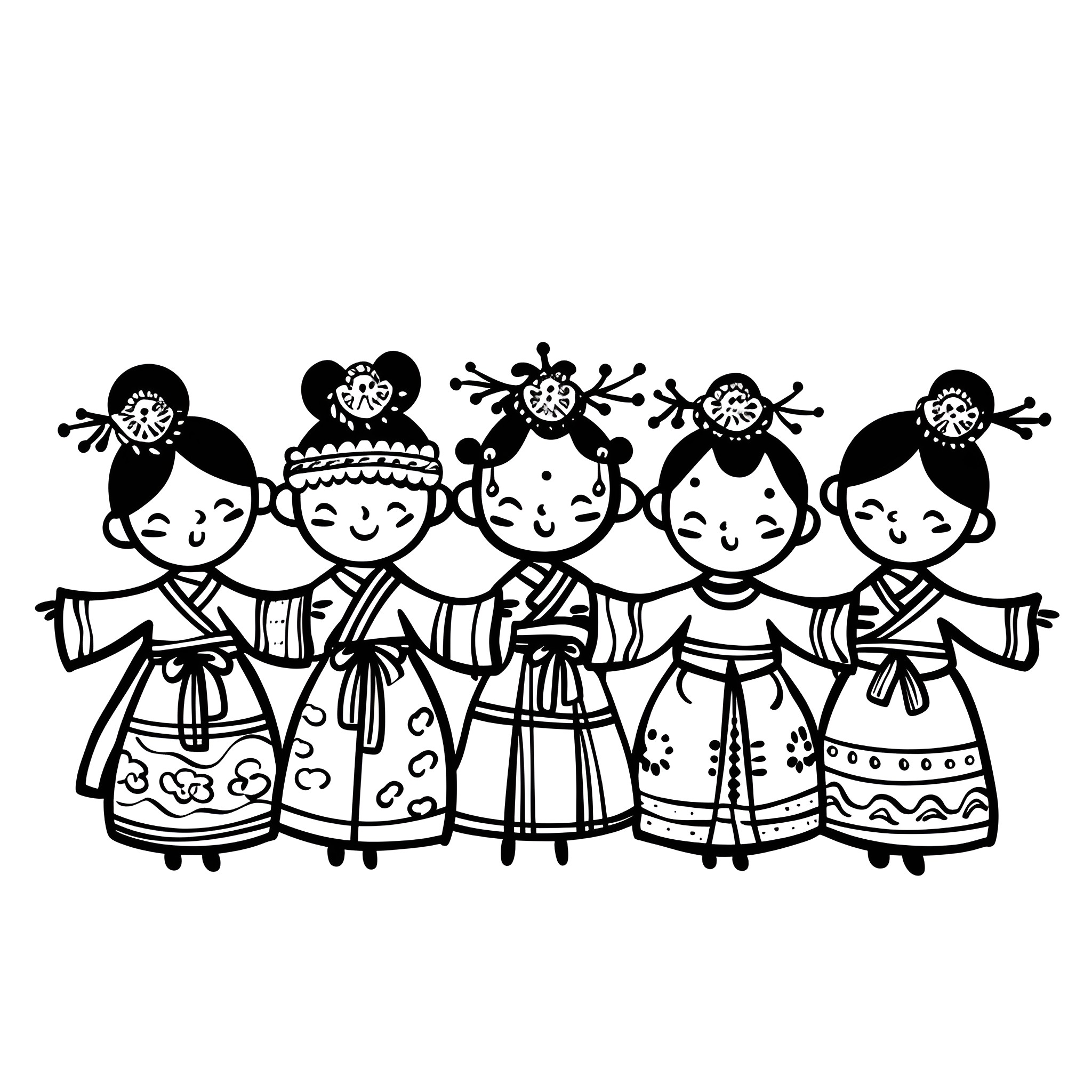 New Year Celebration with Joyful Dancers Drawing Idea (free black-and-white line drawing printable PDF for all, from beginners to advanced learners, including children, teens, adults, and seniors)