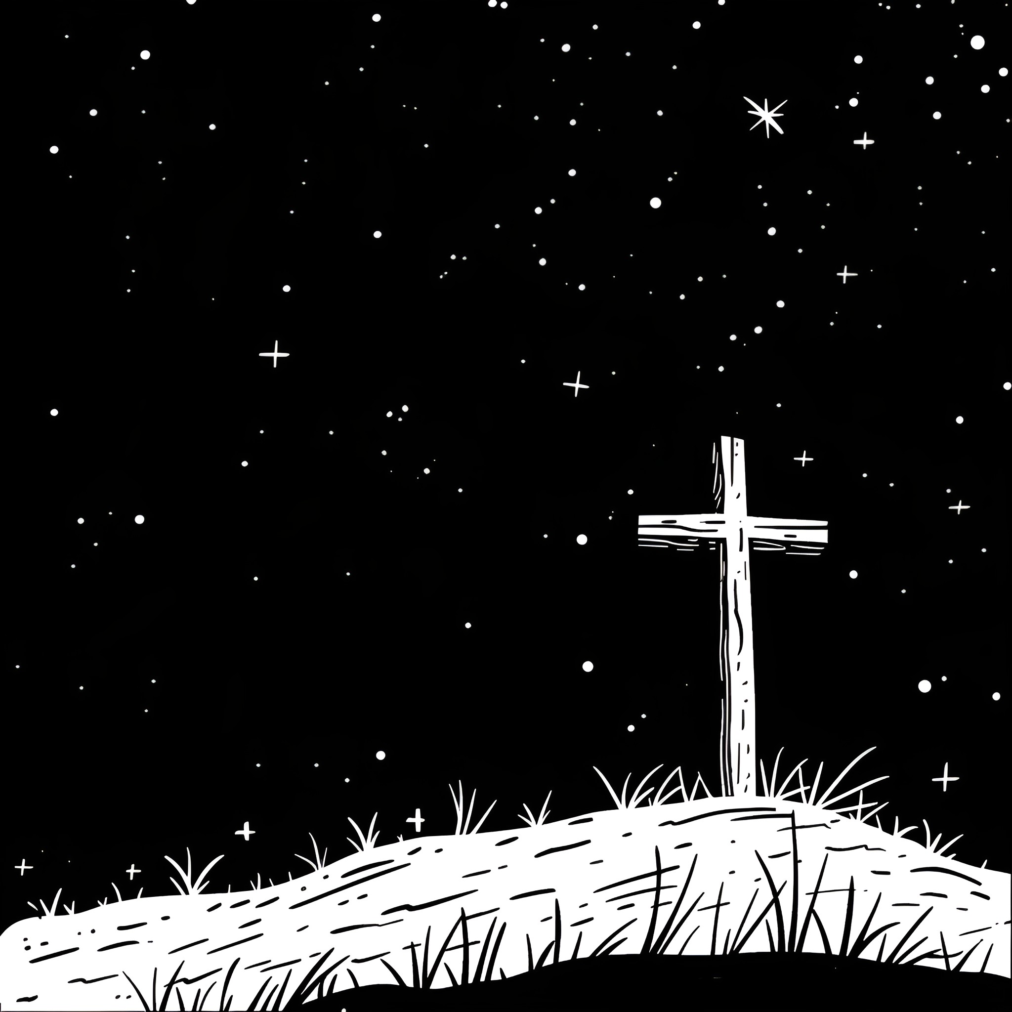 Cross shines in starry night Drawing Idea (free black-and-white line drawing printable PDF for all, from beginners to advanced learners, including children, teens, adults, and seniors)
