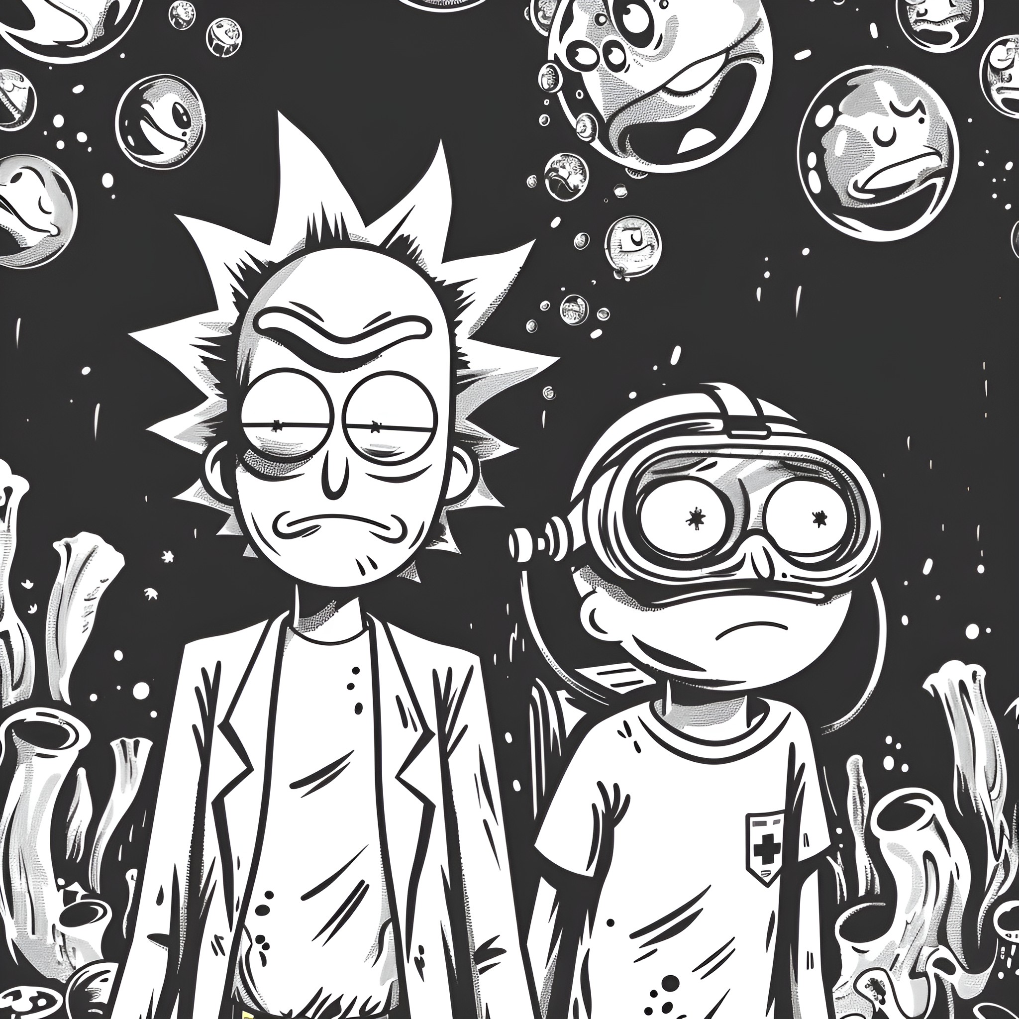 Rick And Morty's Bizarre Sci-Fi Adventure Drawing Idea (free black-and-white line drawing printable PDF for all, from beginners to advanced learners, including children, teens, adults, and seniors)