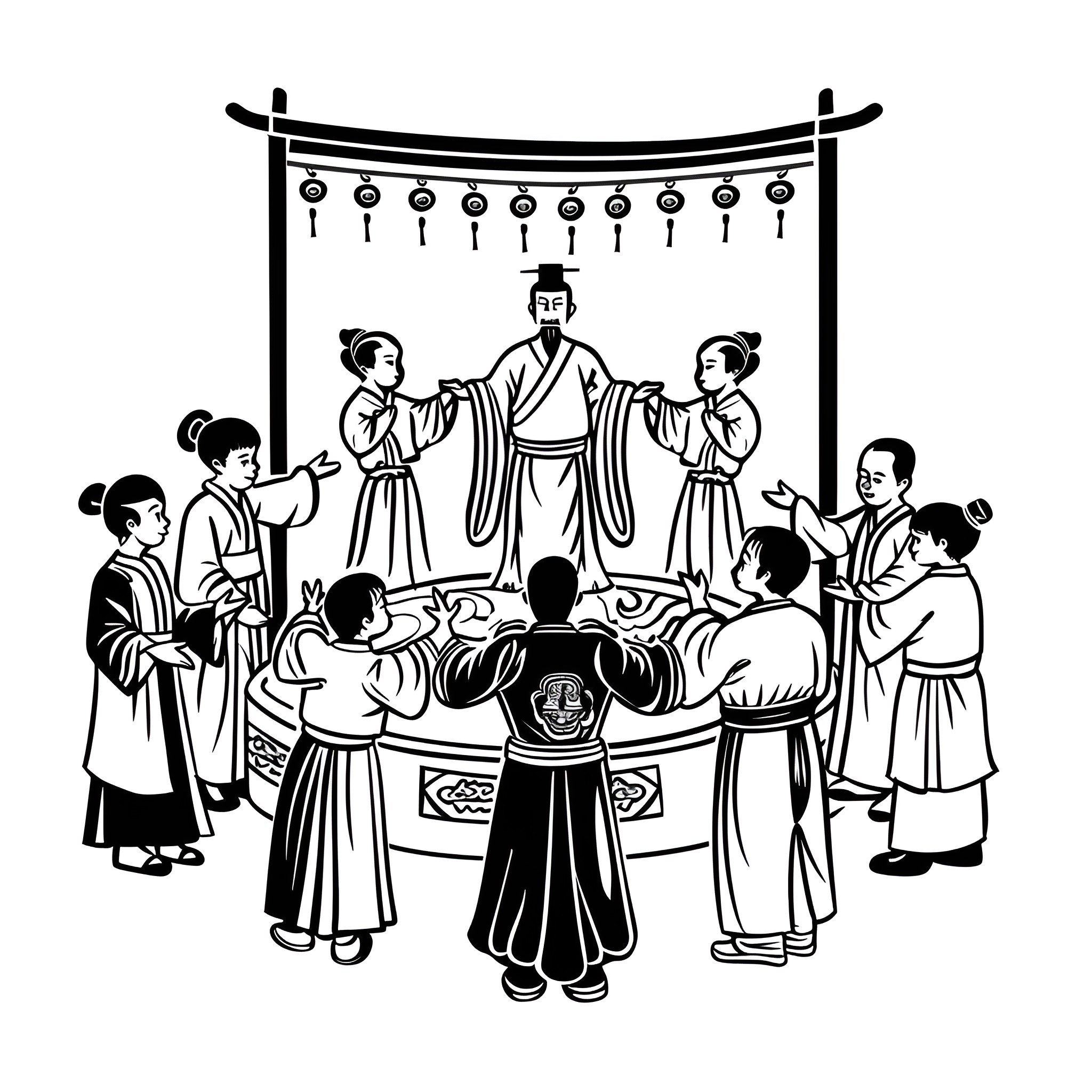 New Year Celebrations in Traditional Culture Drawing Idea (free black-and-white line drawing printable PDF for all, from beginners to advanced learners, including children, teens, adults, and seniors)