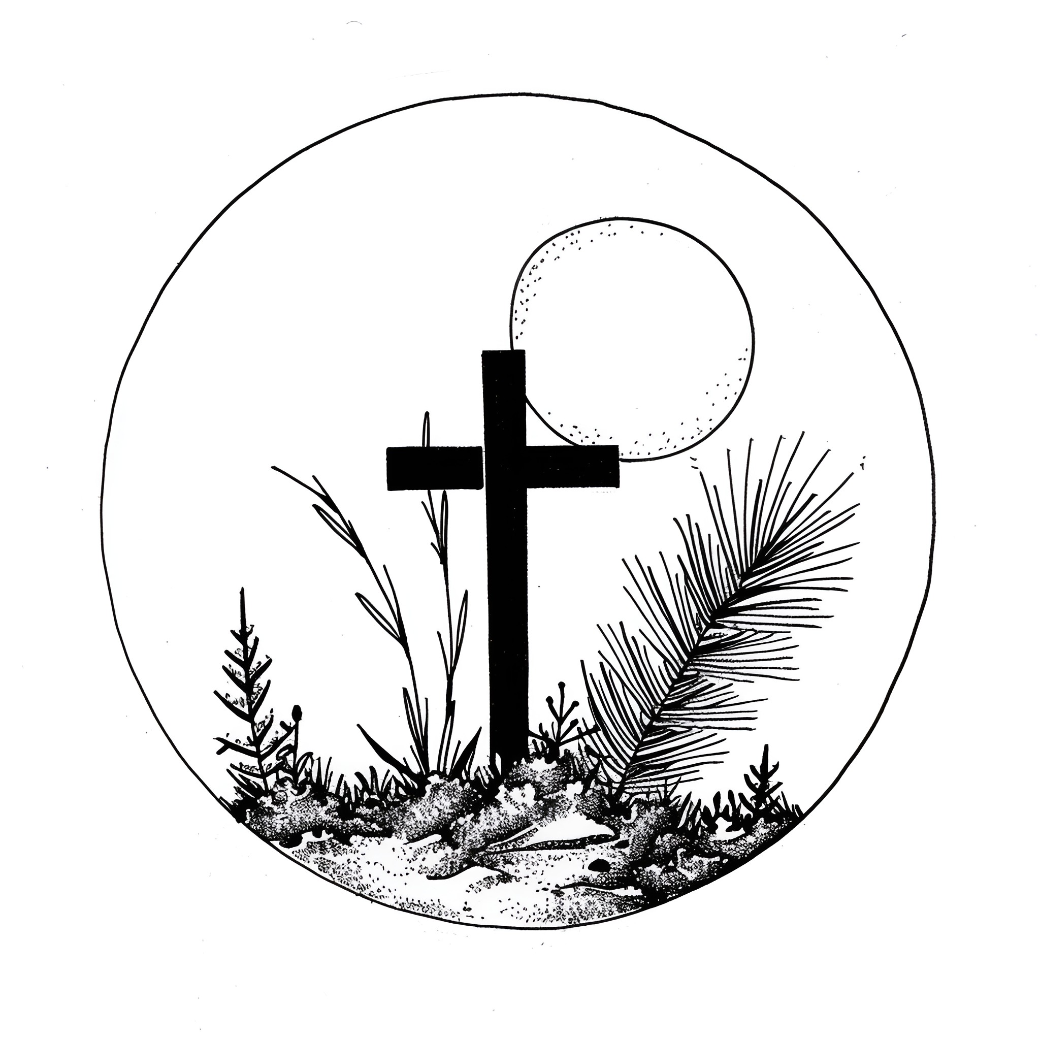 Cross in the Wilderness Drawing Idea (free black-and-white line drawing printable PDF for all, from beginners to advanced learners, including children, teens, adults, and seniors)
