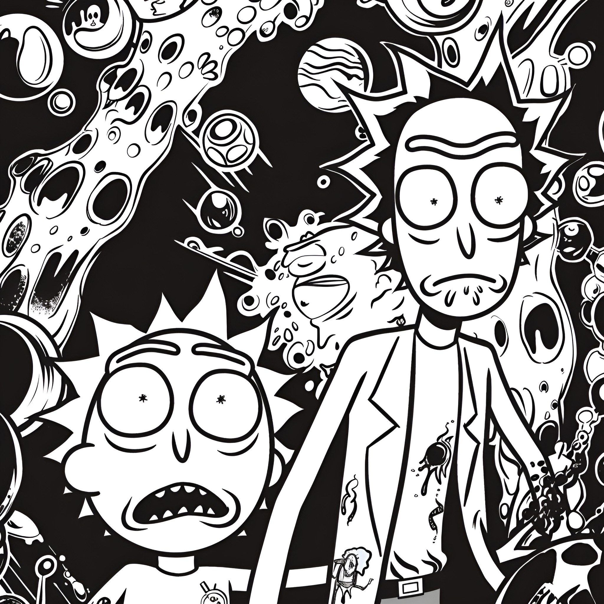 Rick And Morty animated characters in chaotic, expressive scene Drawing Idea (free black-and-white line drawing printable PDF for all, from beginners to advanced learners, including children, teens, adults, and seniors)