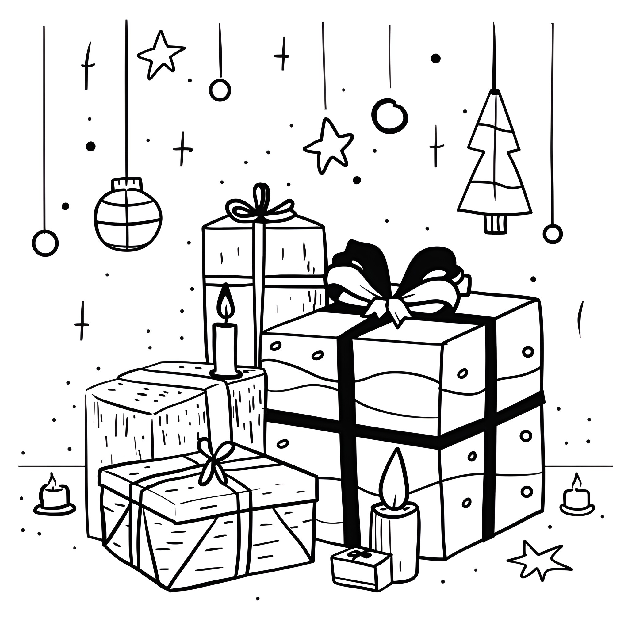 New Year's Eve Gift Wrapping and Decorations Drawing Idea (free black-and-white line drawing printable PDF for all, from beginners to advanced learners, including children, teens, adults, and seniors)
