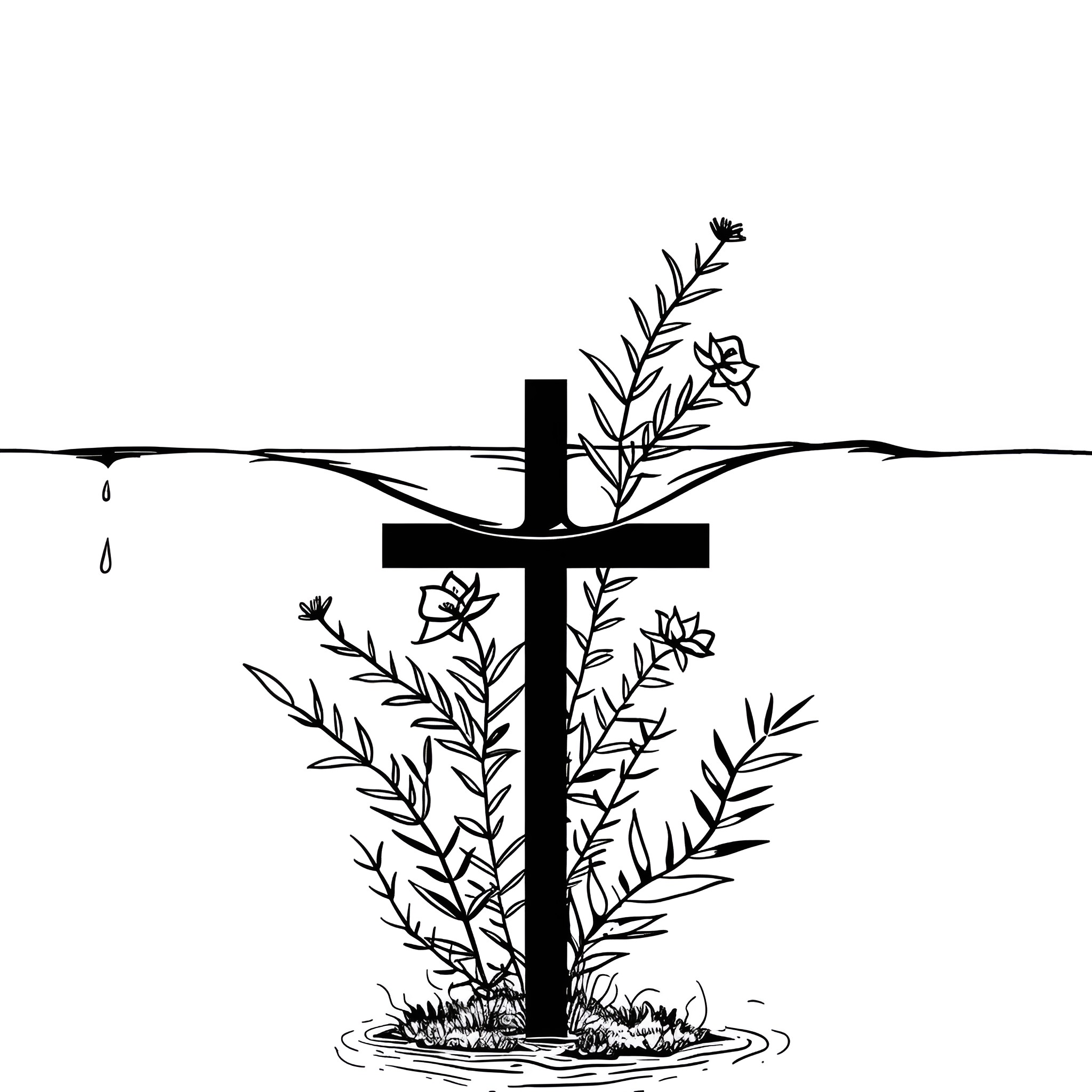 Cross with Floral Accents Drawing Idea (free black-and-white line drawing printable PDF for all, from beginners to advanced learners, including children, teens, adults, and seniors)