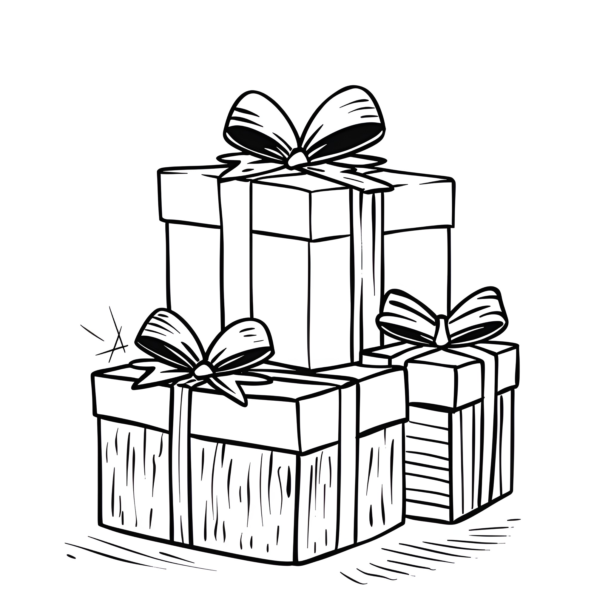 New Year Gifts with Bows Drawing Idea (free black-and-white line drawing printable PDF for all, from beginners to advanced learners, including children, teens, adults, and seniors)