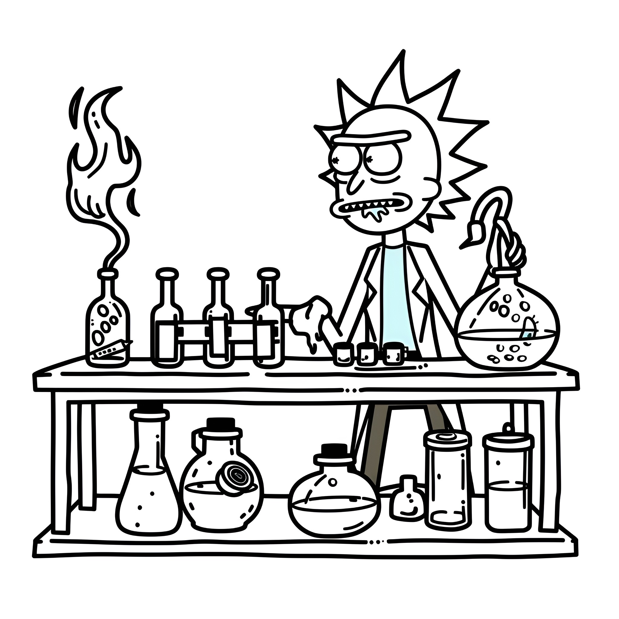 Rick And Morty experimenting in the lab Drawing Idea (free black-and-white line drawing printable PDF for all, from beginners to advanced learners, including children, teens, adults, and seniors)