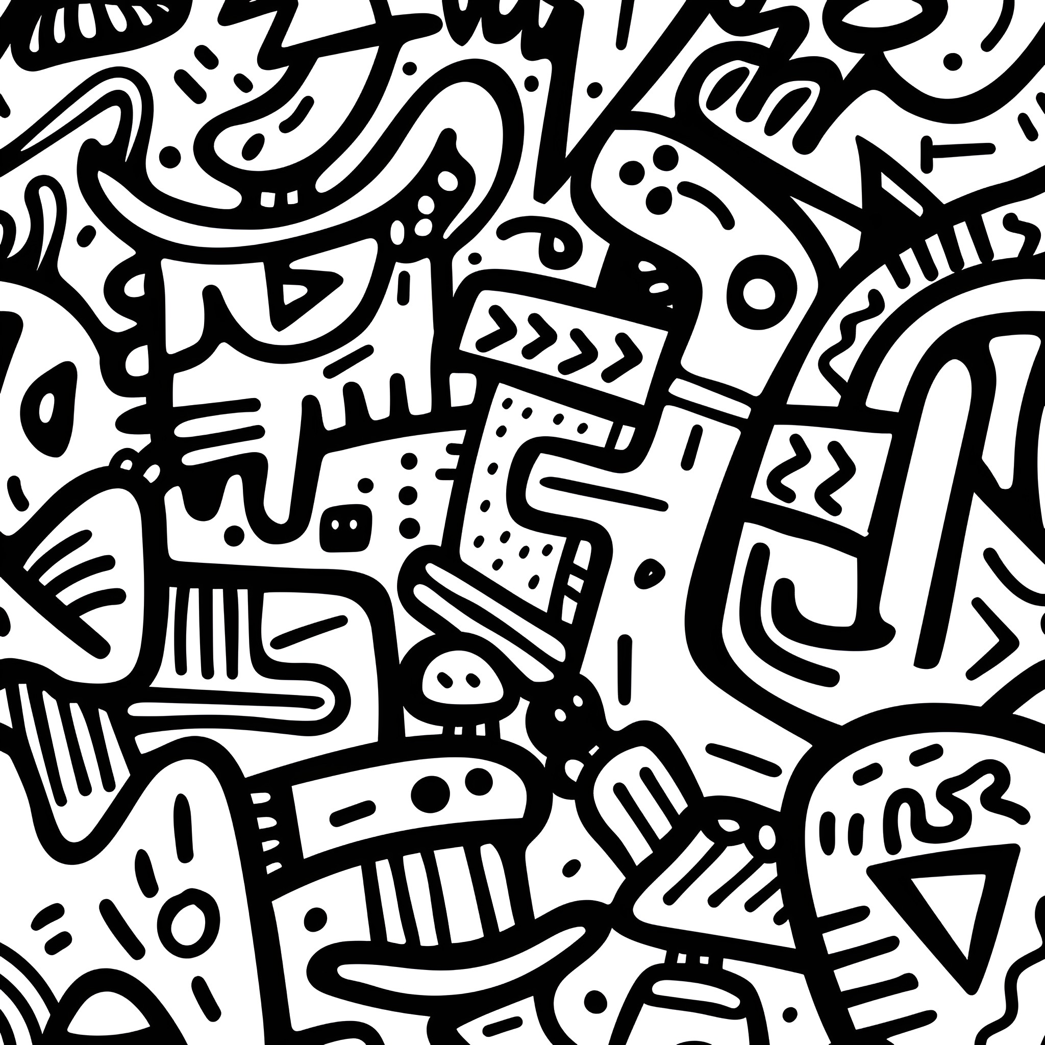 Pattern of Abstract Shapes and Symbols Drawing Idea (free black-and-white line drawing printable PDF for all, from beginners to advanced learners, including children, teens, adults, and seniors)