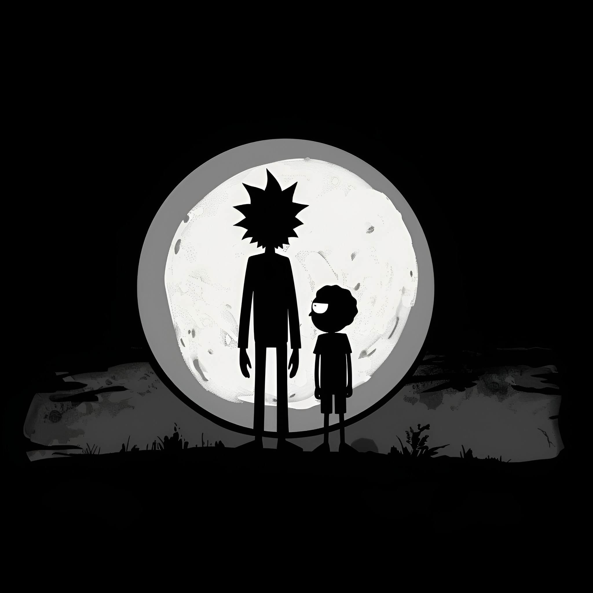 Rick And Morty under the moonlight Drawing Idea (free black-and-white line drawing printable PDF for all, from beginners to advanced learners, including children, teens, adults, and seniors)