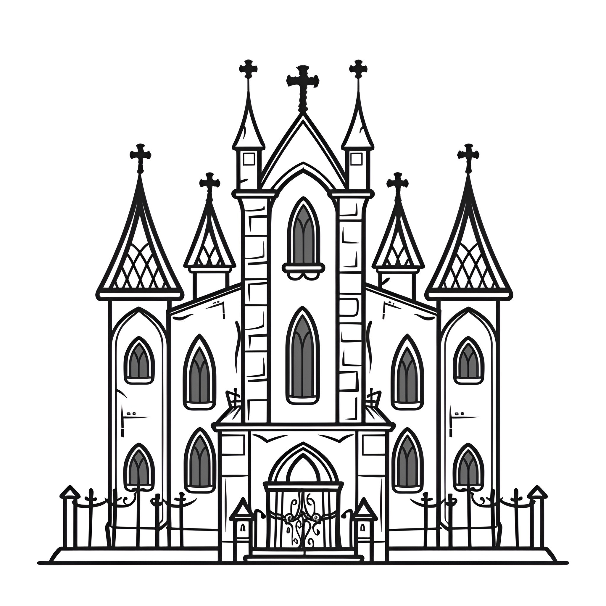 Gothic cathedral architecture and steeples Drawing Idea (free black-and-white line drawing printable PDF for all, from beginners to advanced learners, including children, teens, adults, and seniors)