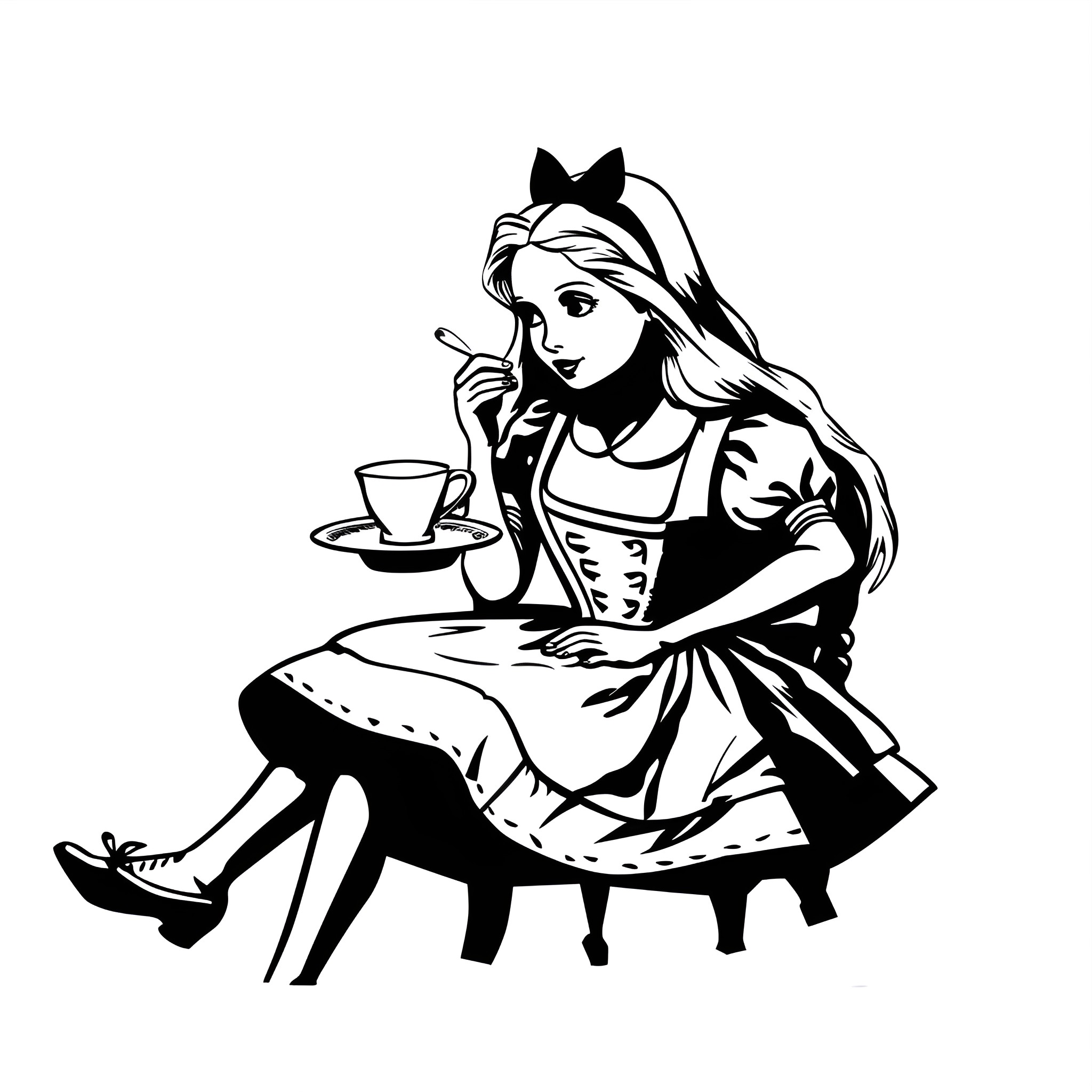 Alice In Wonderland enjoying tea time Drawing Idea (free black-and-white line drawing printable PDF for all, from beginners to advanced learners, including children, teens, adults, and seniors)