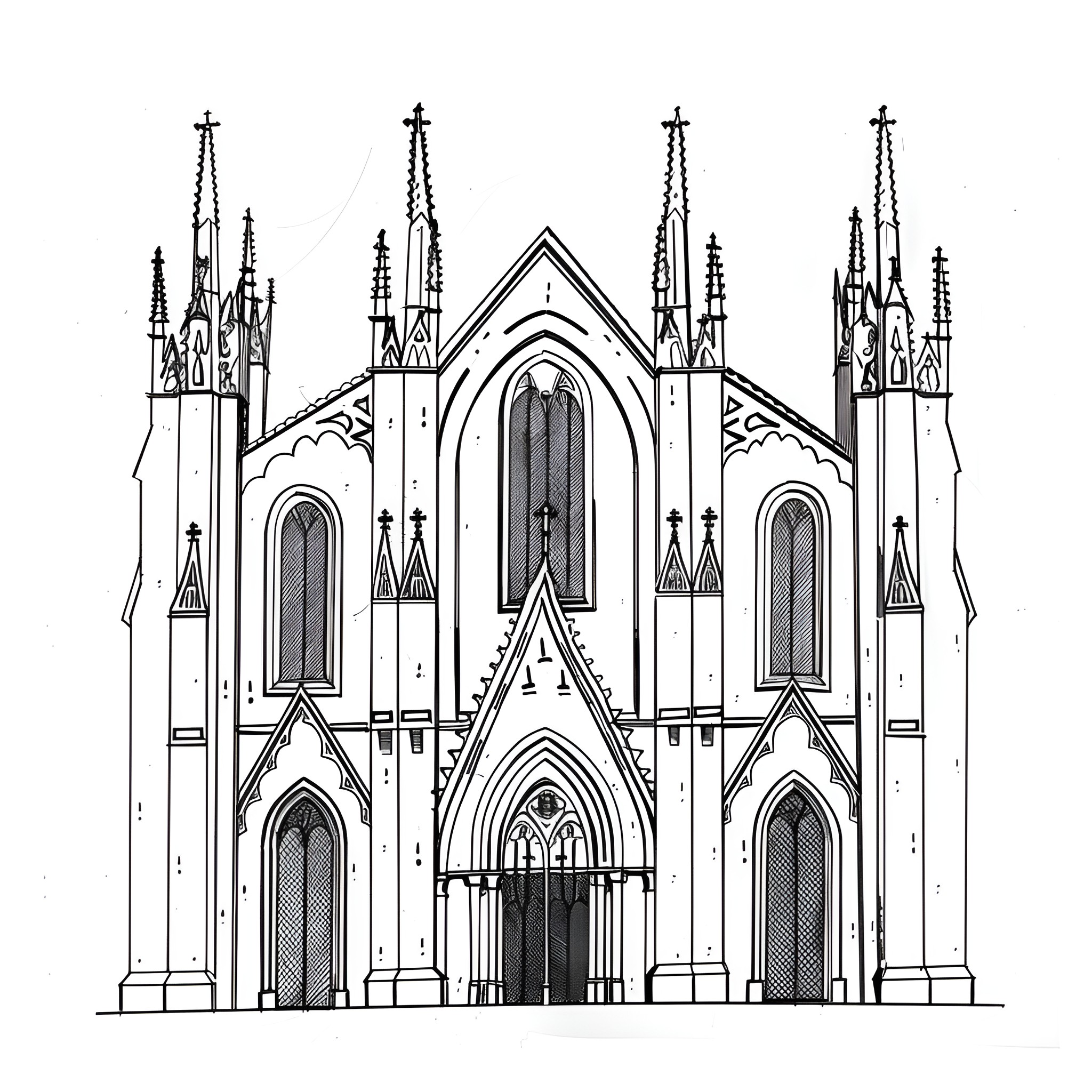 Gothic cathedral architectural drawing Drawing Idea (free black-and-white line drawing printable PDF for all, from beginners to advanced learners, including children, teens, adults, and seniors)