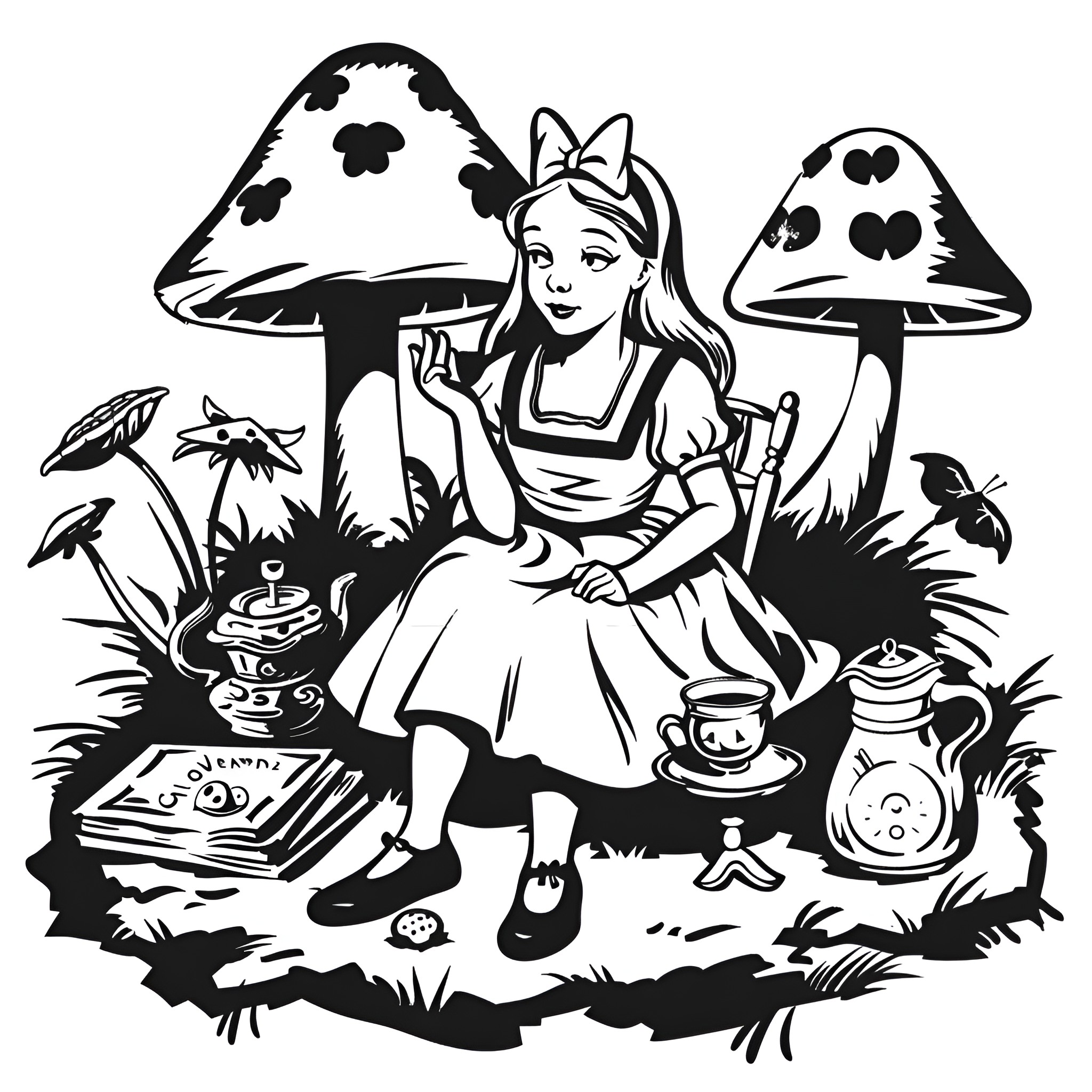 Alice In Wonderland tea party with mushrooms Drawing Idea (free black-and-white line drawing printable PDF for all, from beginners to advanced learners, including children, teens, adults, and seniors)