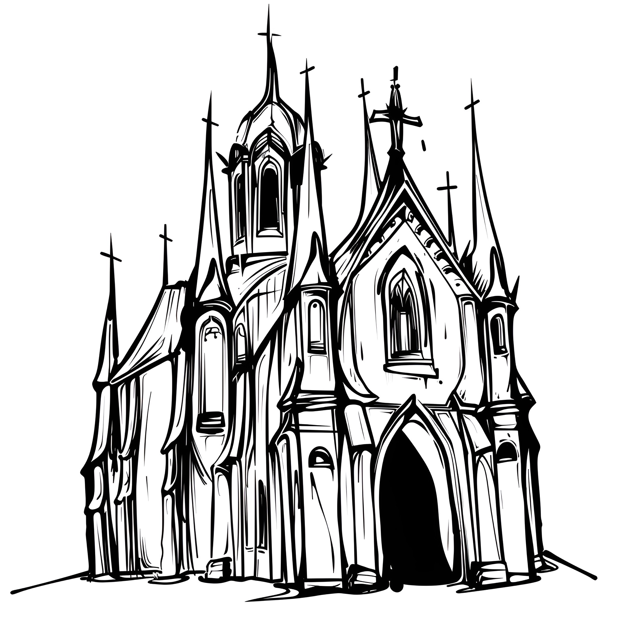 Gothic Cathedral Silhouette Drawing Idea (free black-and-white line drawing printable PDF for all, from beginners to advanced learners, including children, teens, adults, and seniors)