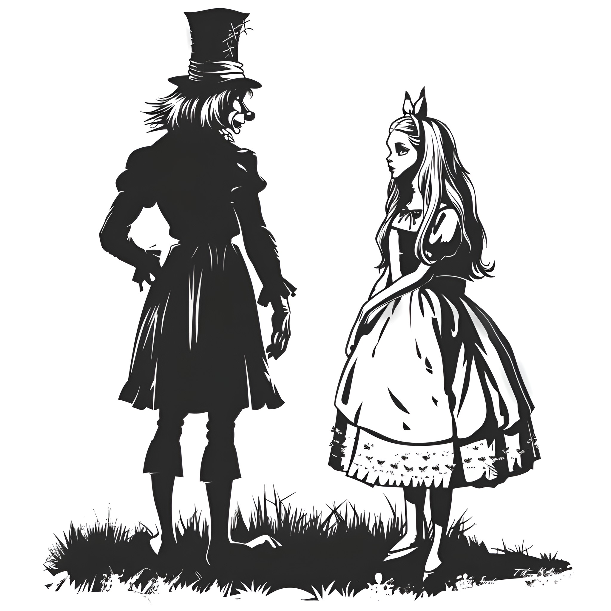 Alice In Wonderland - Mad Hatter and Alice Drawing Idea (free black-and-white line drawing printable PDF for all, from beginners to advanced learners, including children, teens, adults, and seniors)