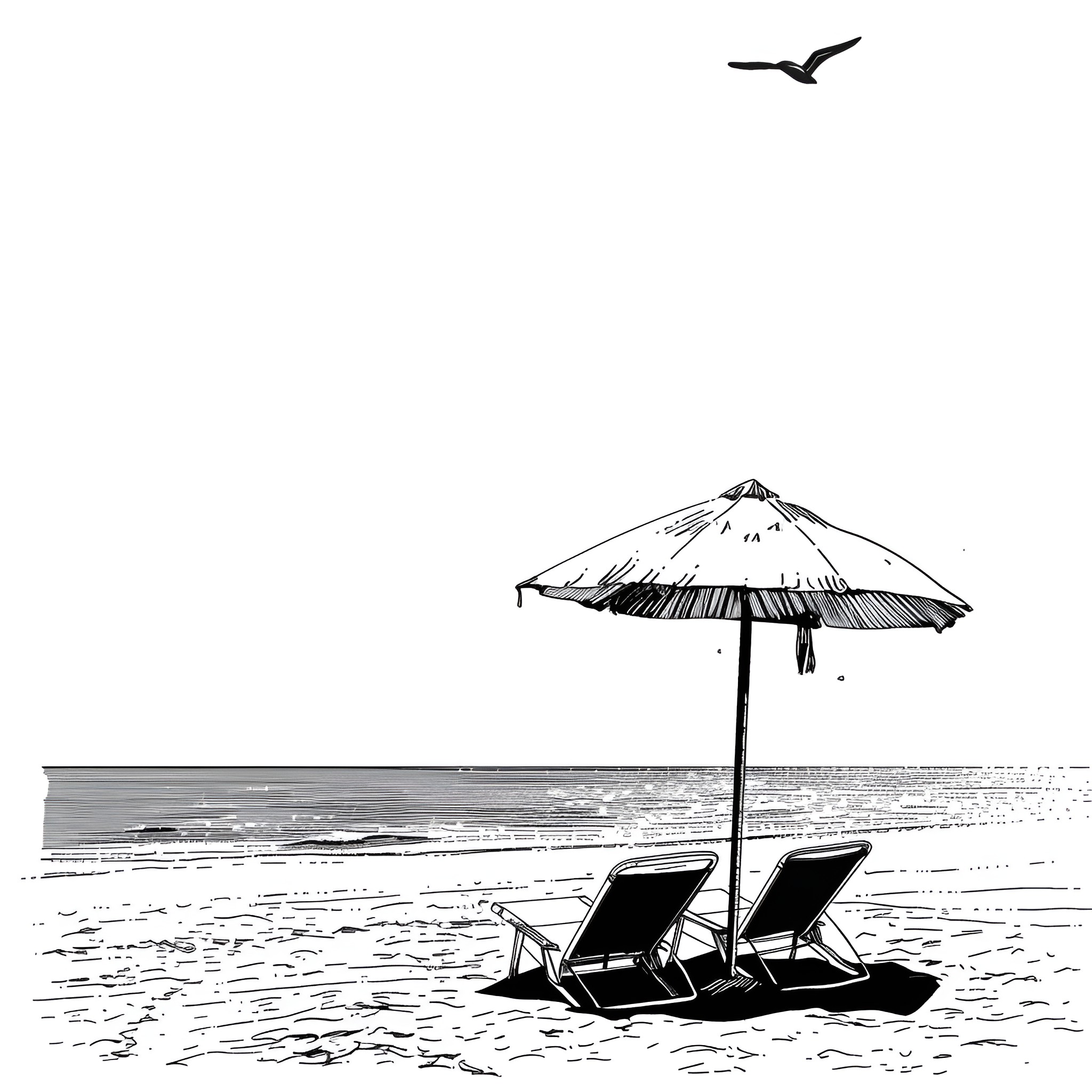 Beach loungers and umbrella by the sea Drawing Idea (free black-and-white line drawing printable PDF for all, from beginners to advanced learners, including children, teens, adults, and seniors)