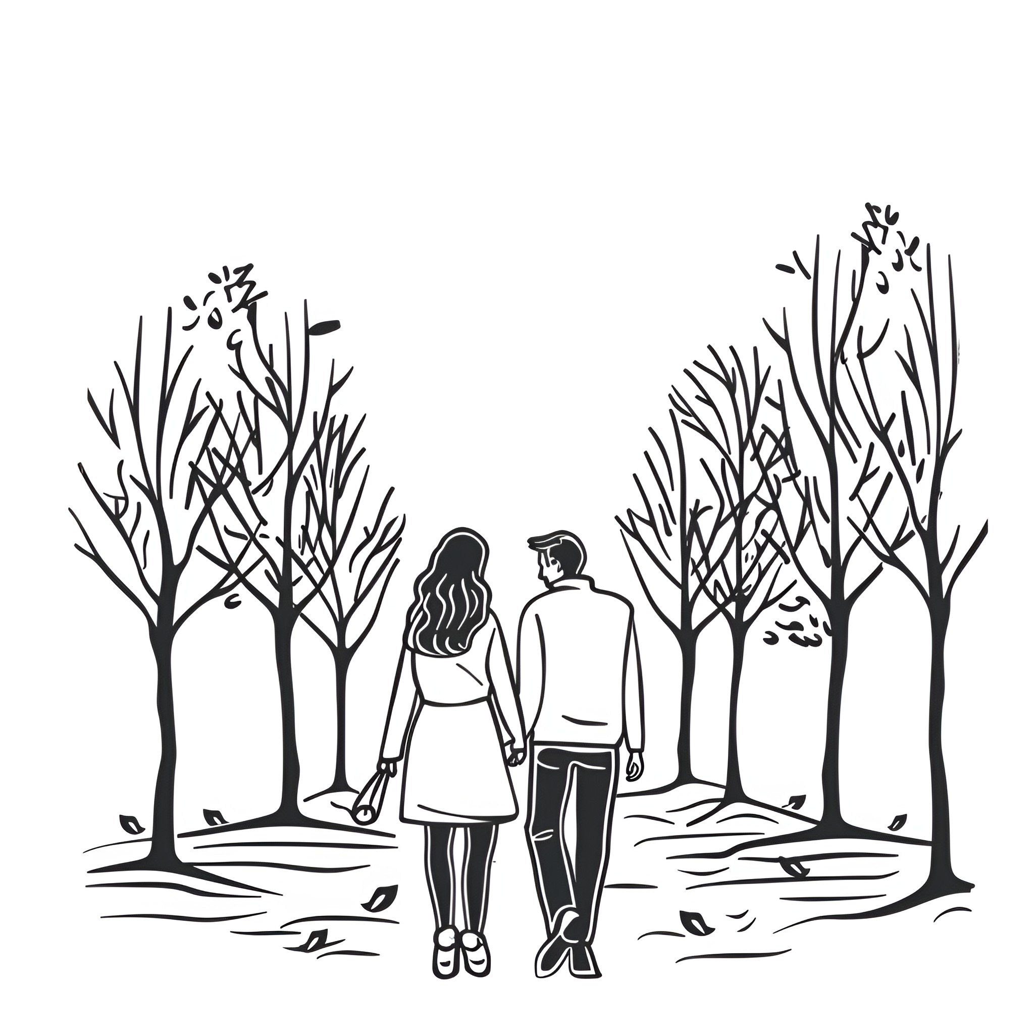 Couple walking together in forest Drawing Idea (free black-and-white line drawing printable PDF for all, from beginners to advanced learners, including children, teens, adults, and seniors)