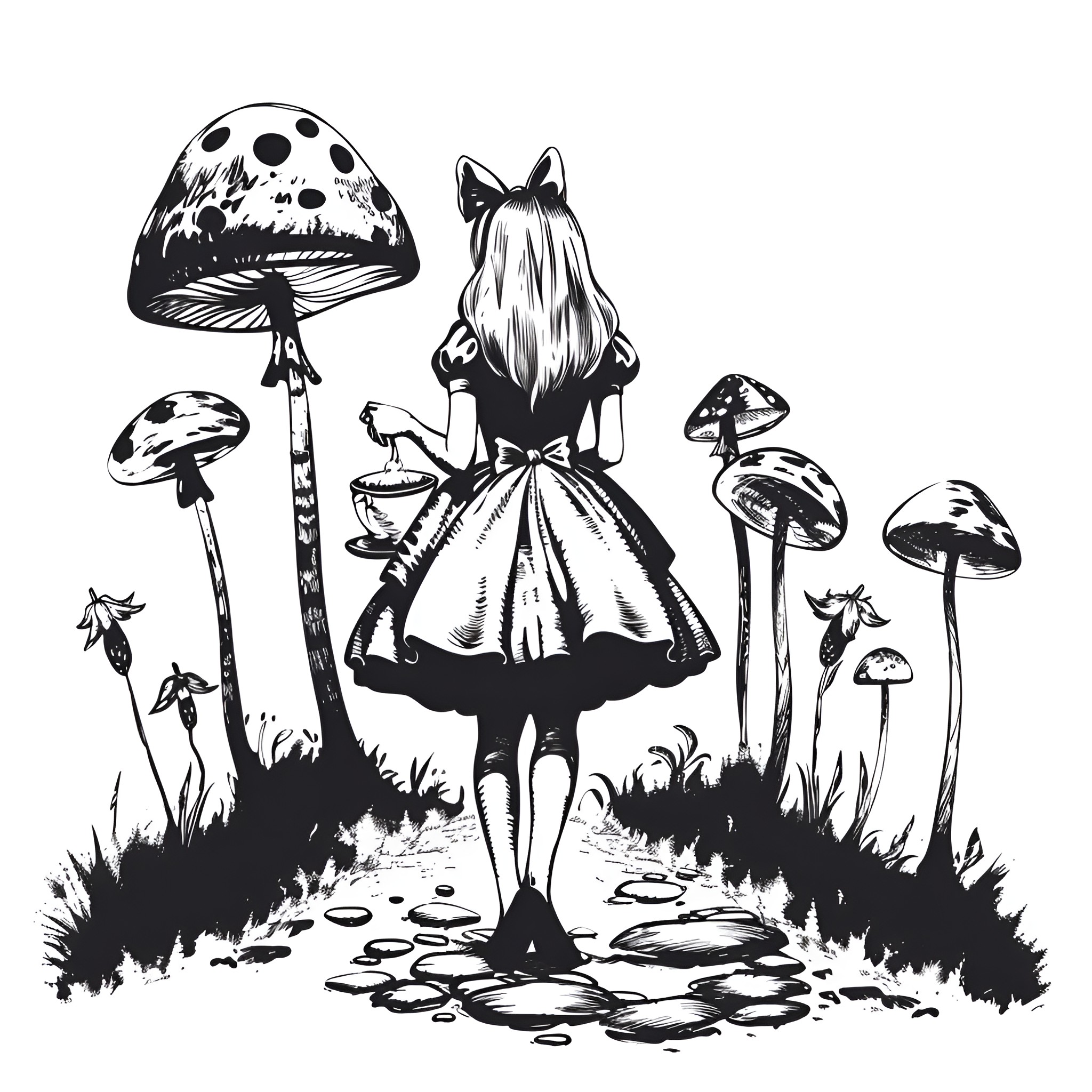 Alice In Wonderland exploring whimsical mushroom forest Drawing Idea (free black-and-white line drawing printable PDF for all, from beginners to advanced learners, including children, teens, adults, and seniors)