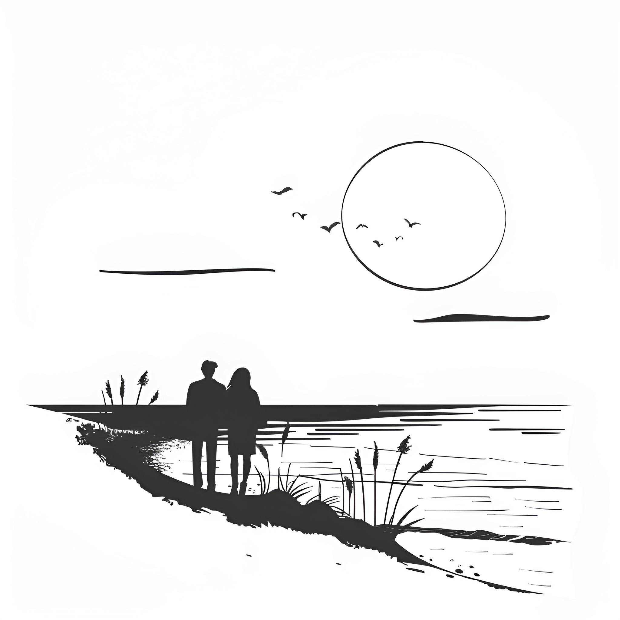 Beach scene with silhouetted figures Drawing Idea (free black-and-white line drawing printable PDF for all, from beginners to advanced learners, including children, teens, adults, and seniors)