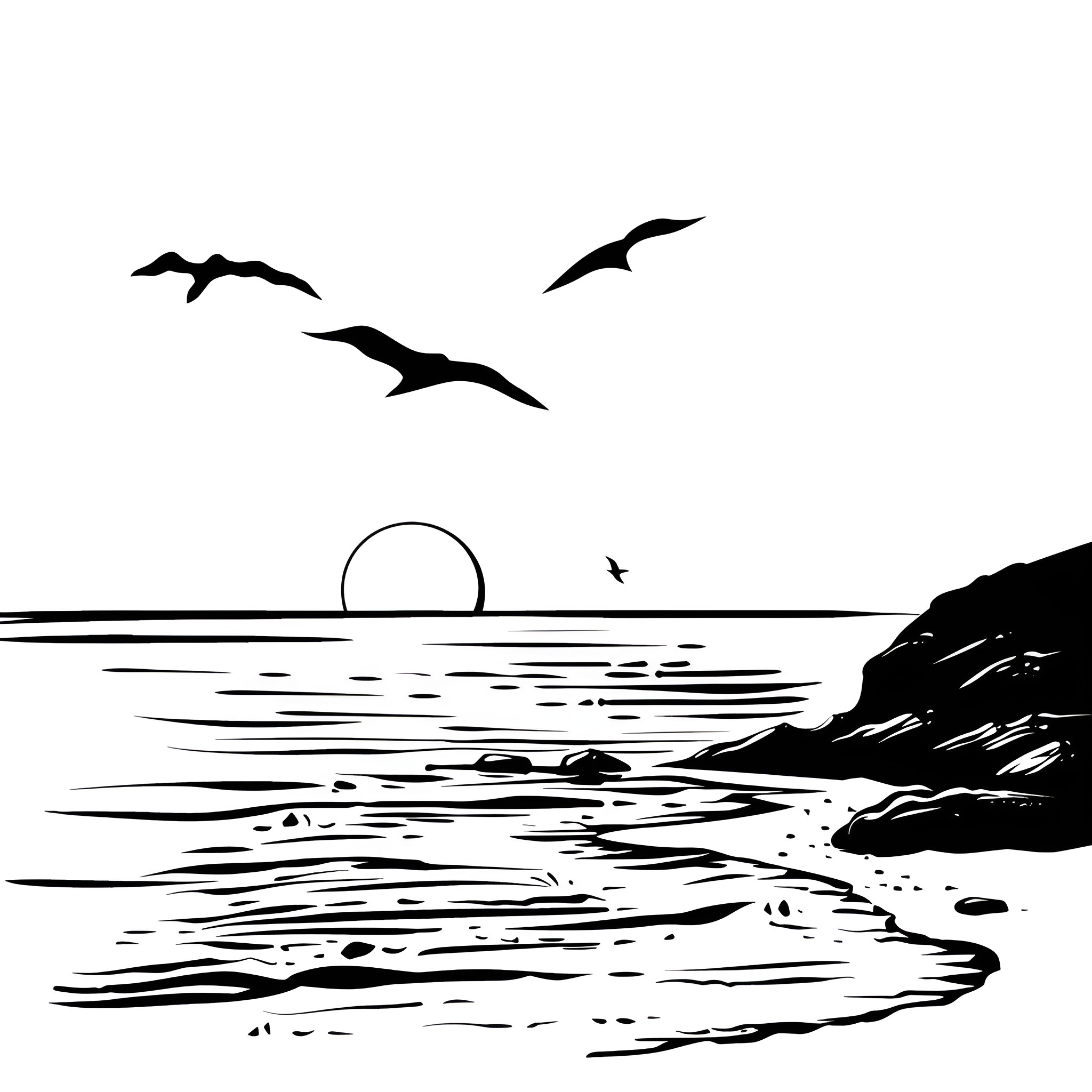 Beach sunset landscape with flying birds Drawing Idea (free black-and-white line drawing printable PDF for all, from beginners to advanced learners, including children, teens, adults, and seniors)