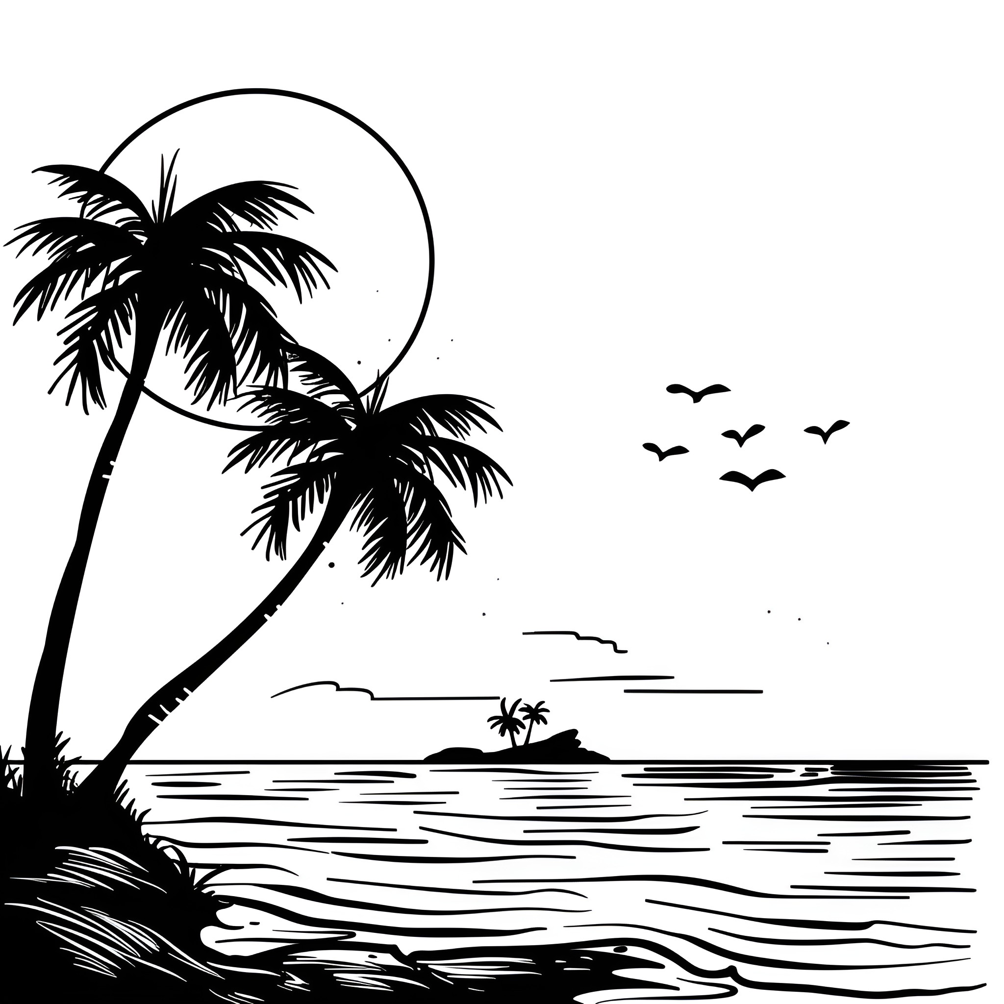 Beach scene with palm trees and birds Drawing Idea (free black-and-white line drawing printable PDF for all, from beginners to advanced learners, including children, teens, adults, and seniors)