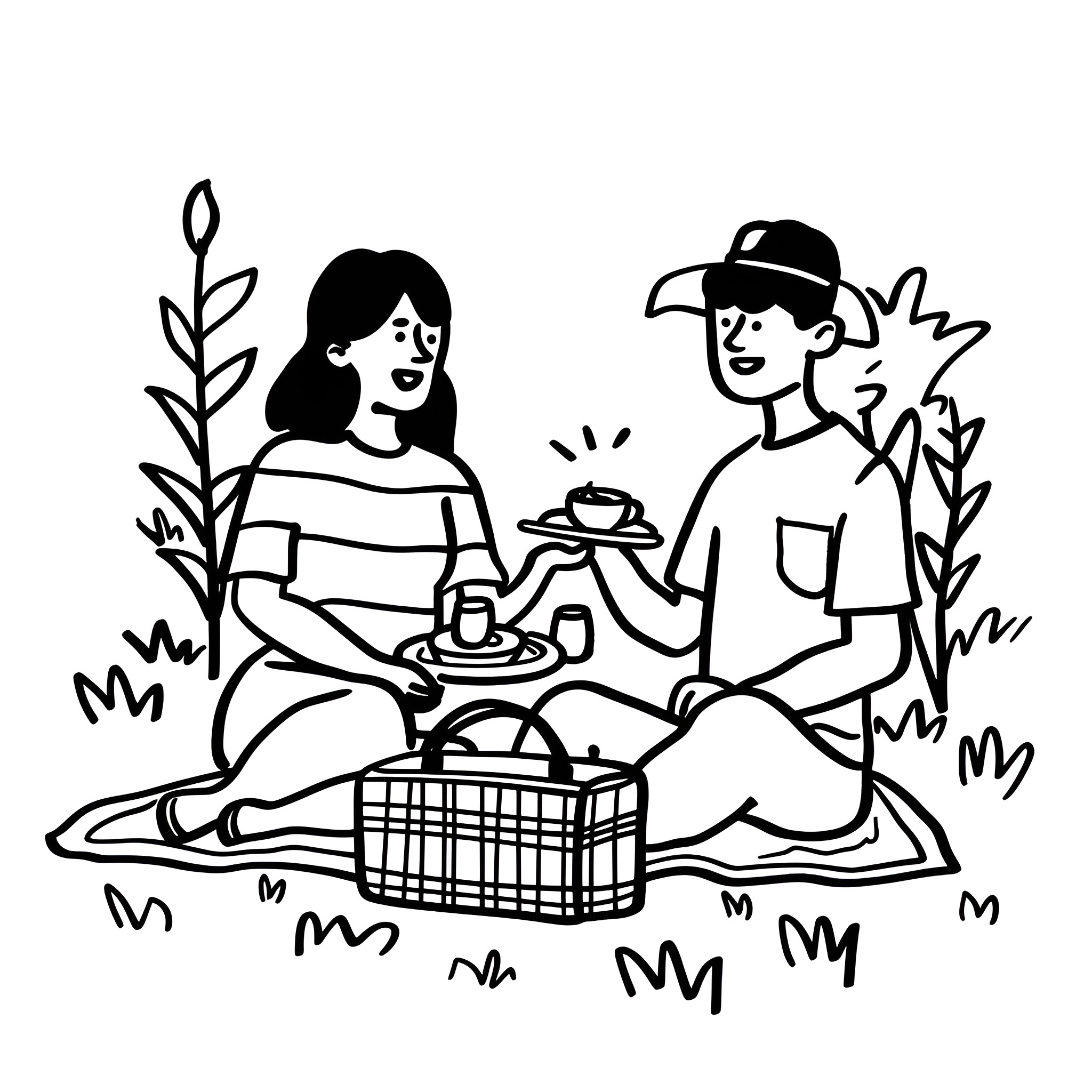 Couple enjoying a picnic in the park Drawing Idea (free black-and-white line drawing printable PDF for all, from beginners to advanced learners, including children, teens, adults, and seniors)