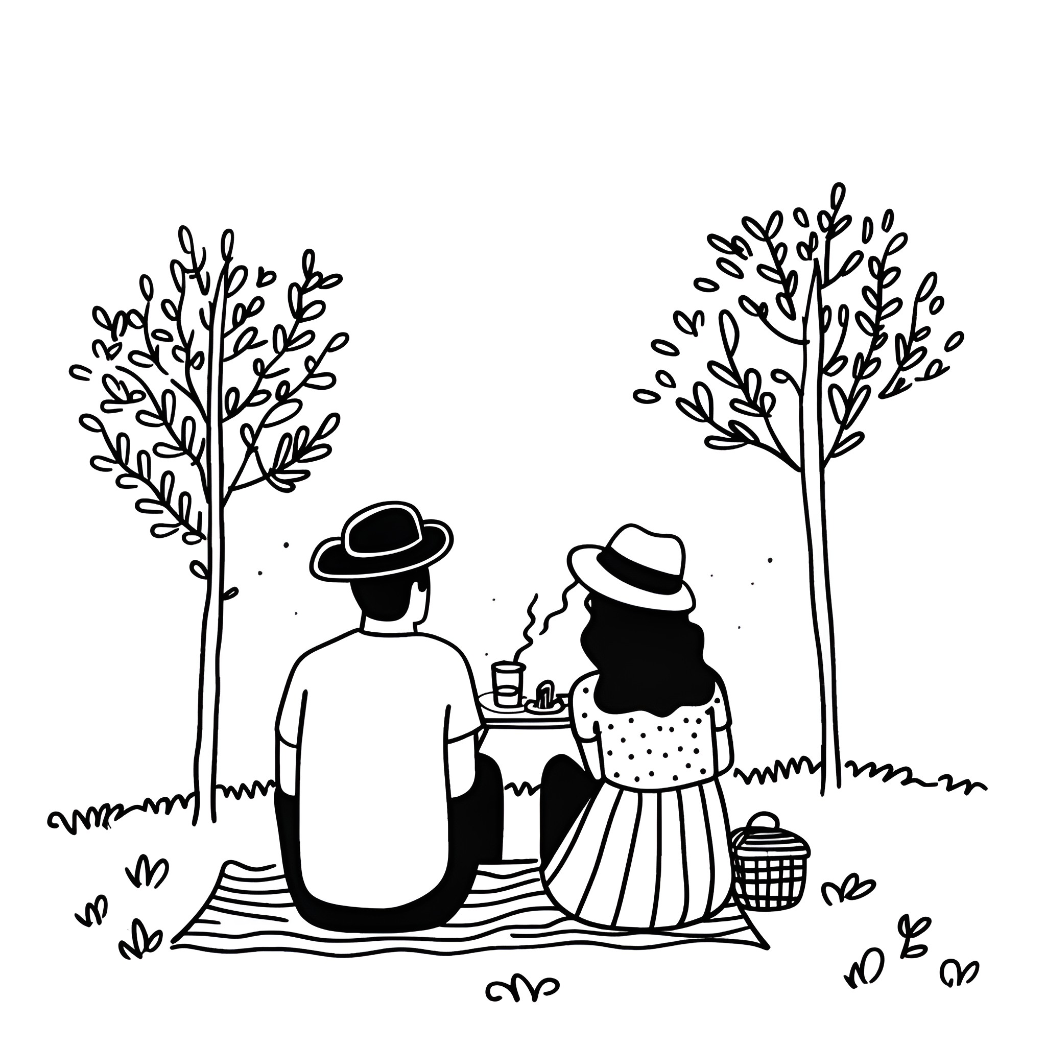 Couple enjoying picnic in countryside Drawing Idea (free black-and-white line drawing printable PDF for all, from beginners to advanced learners, including children, teens, adults, and seniors)