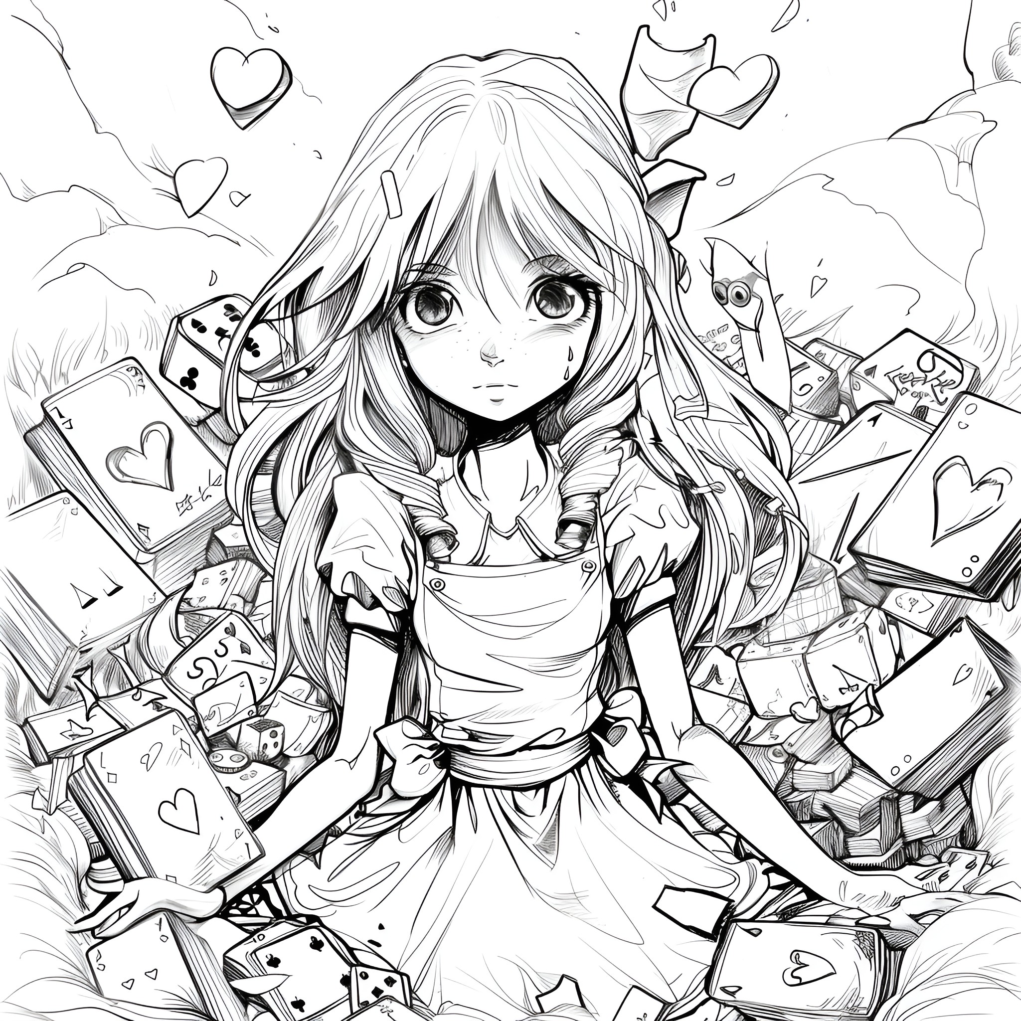 Alice In Wonderland surrounded by whimsical elements Drawing Idea (free black-and-white line drawing printable PDF for all, from beginners to advanced learners, including children, teens, adults, and seniors)